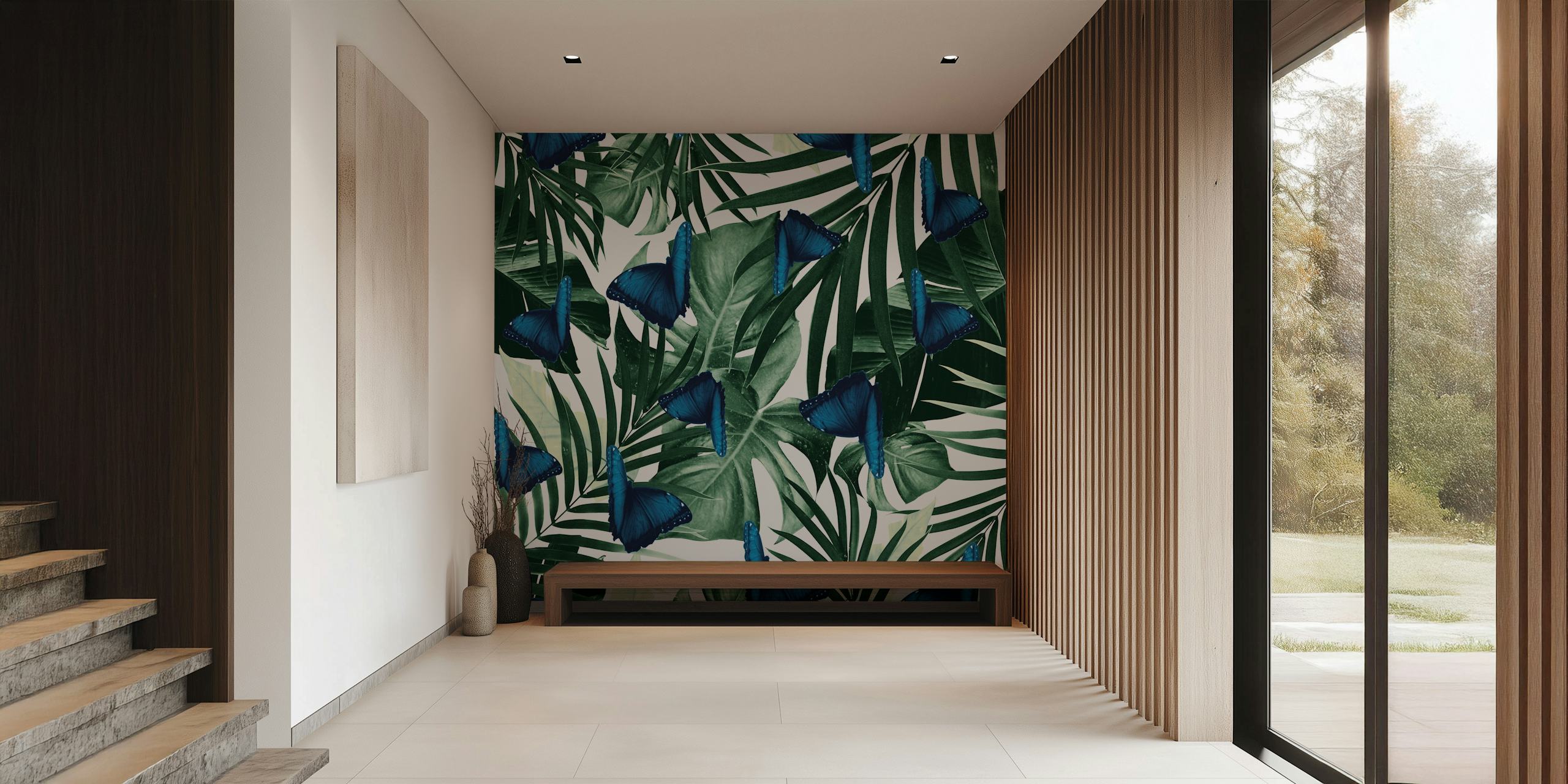 Blue butterflies on tropical jungle leaves wall mural