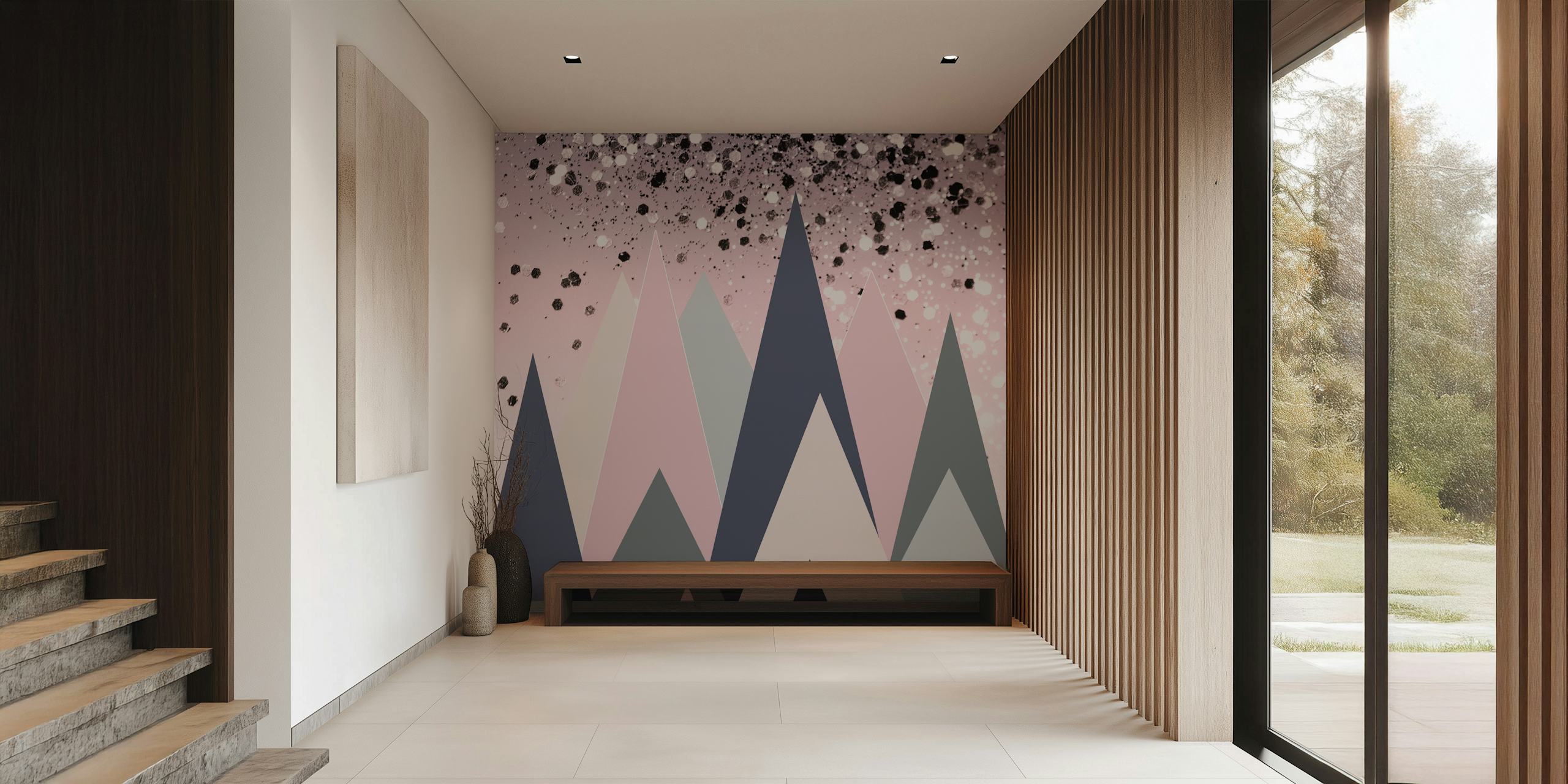 Pink and gray geometric mountain wallpaper with glitter effect