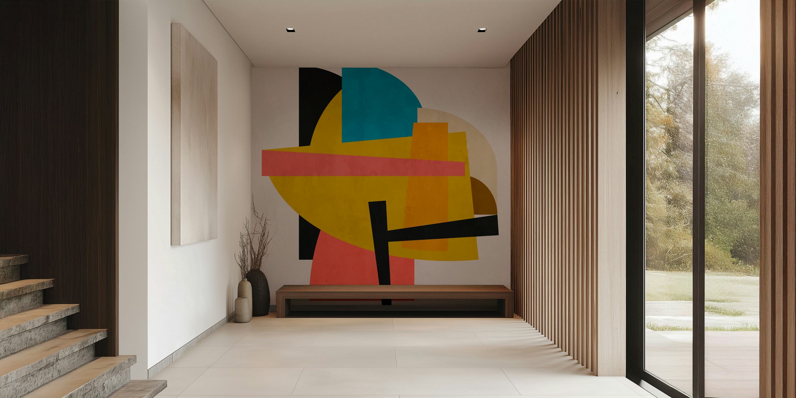 Mural de pared geométrico abstracto con formas superpuestas en negro, azul, amarillo y melocotón