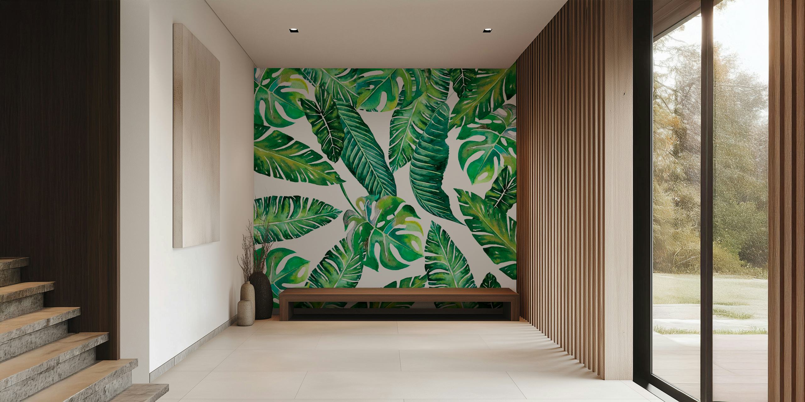 Jungle Leaves Banana Monstera papier peint dans une pièce