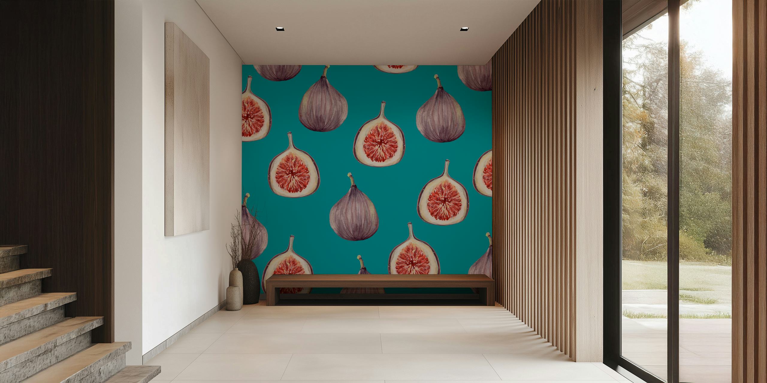 Papel pintado Figs Teal exhibido en una habitación