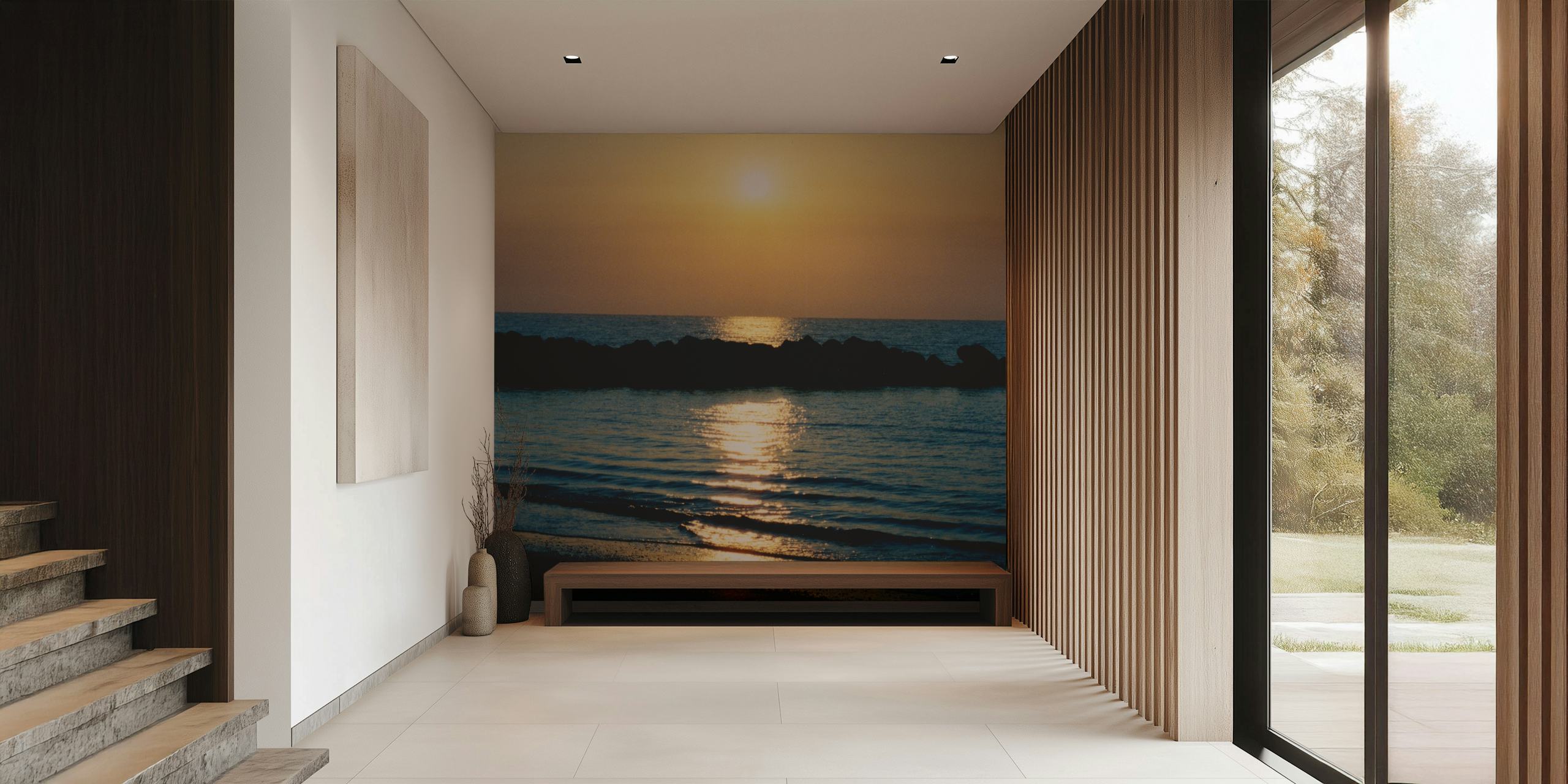 Fotomural puesta de sol sobre el océano con reflejo de la luz del sol en las olas