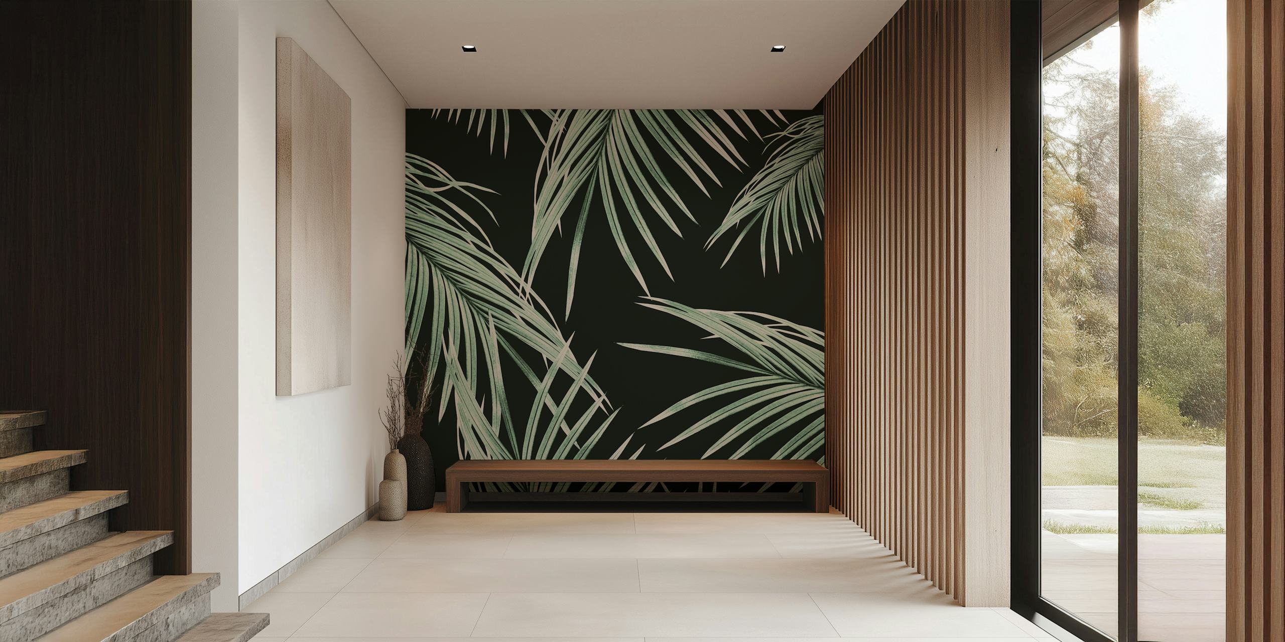Green palm leaves on a dark background wall mural