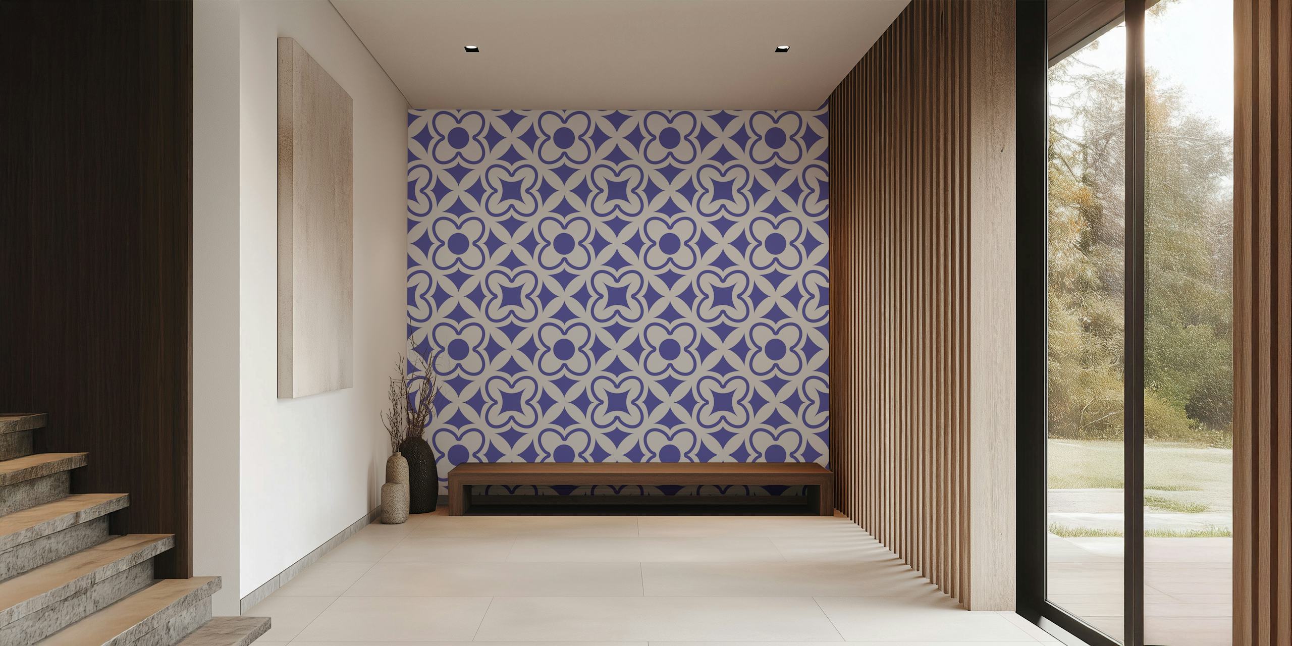 Geometric floral grid wallpaper design in Very Peri color