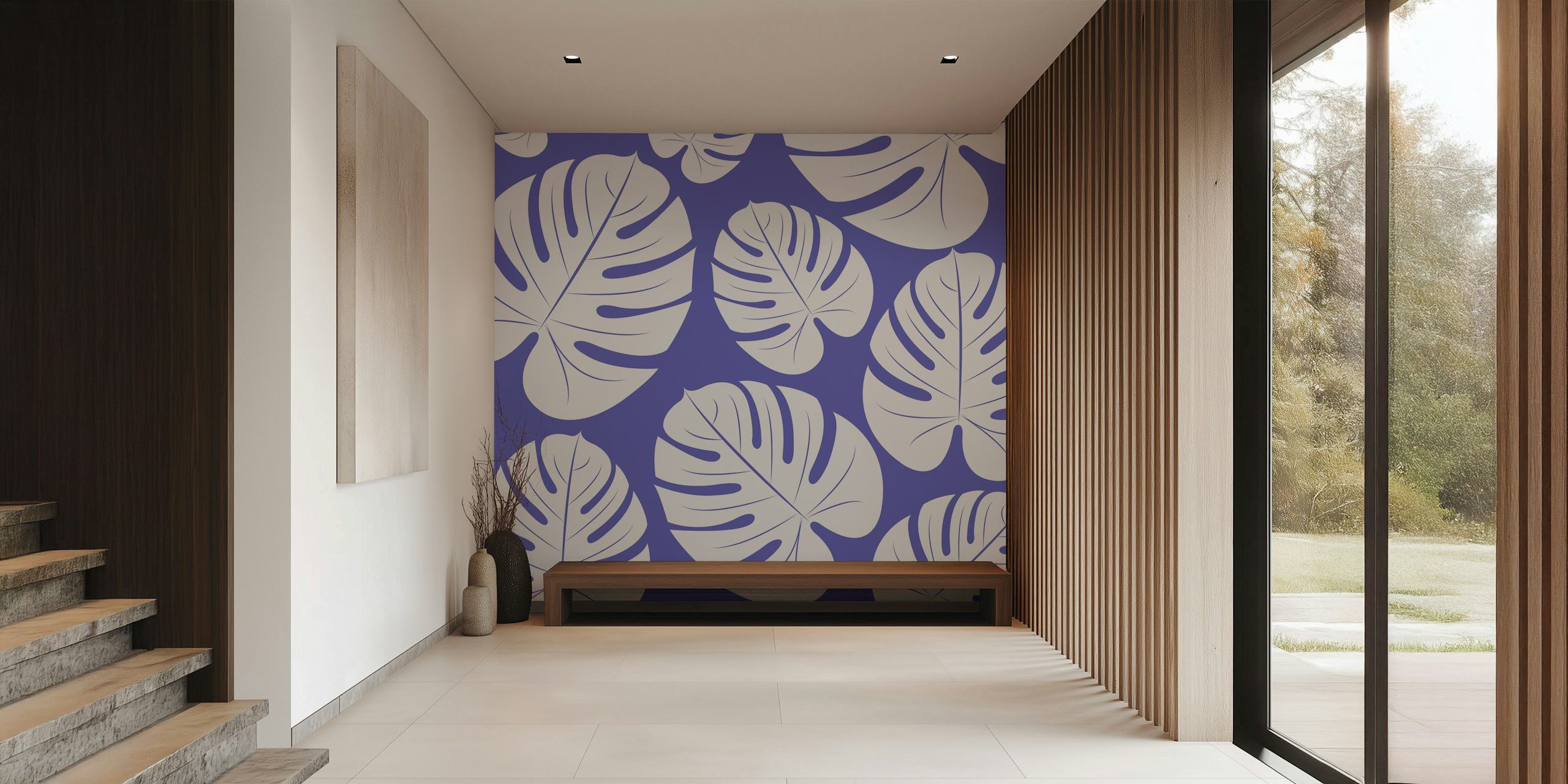 Palm Leaves Very Peri White wall mural design