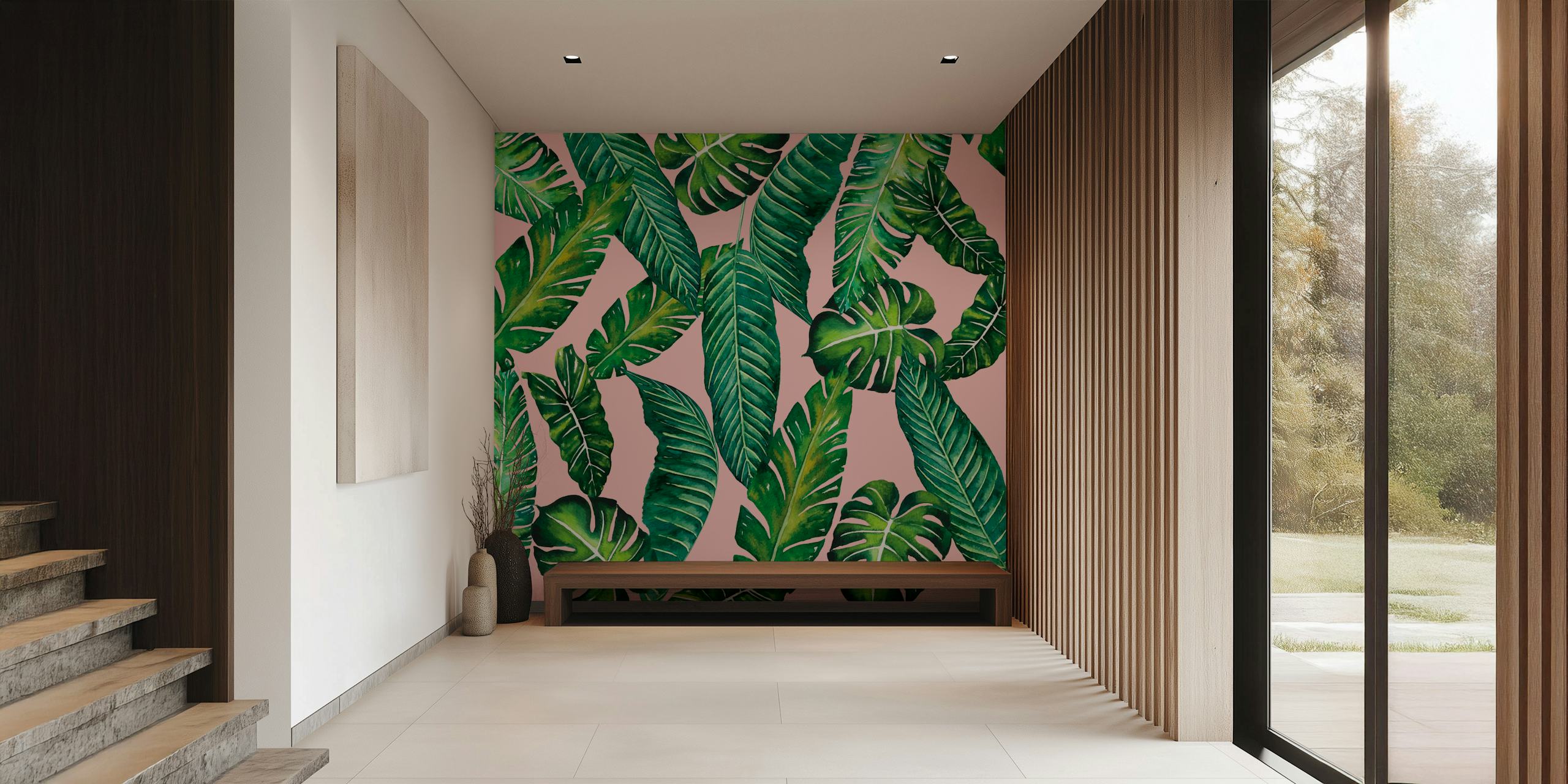 Jungle Leaves Banana 2 Pink wallpaper in a room