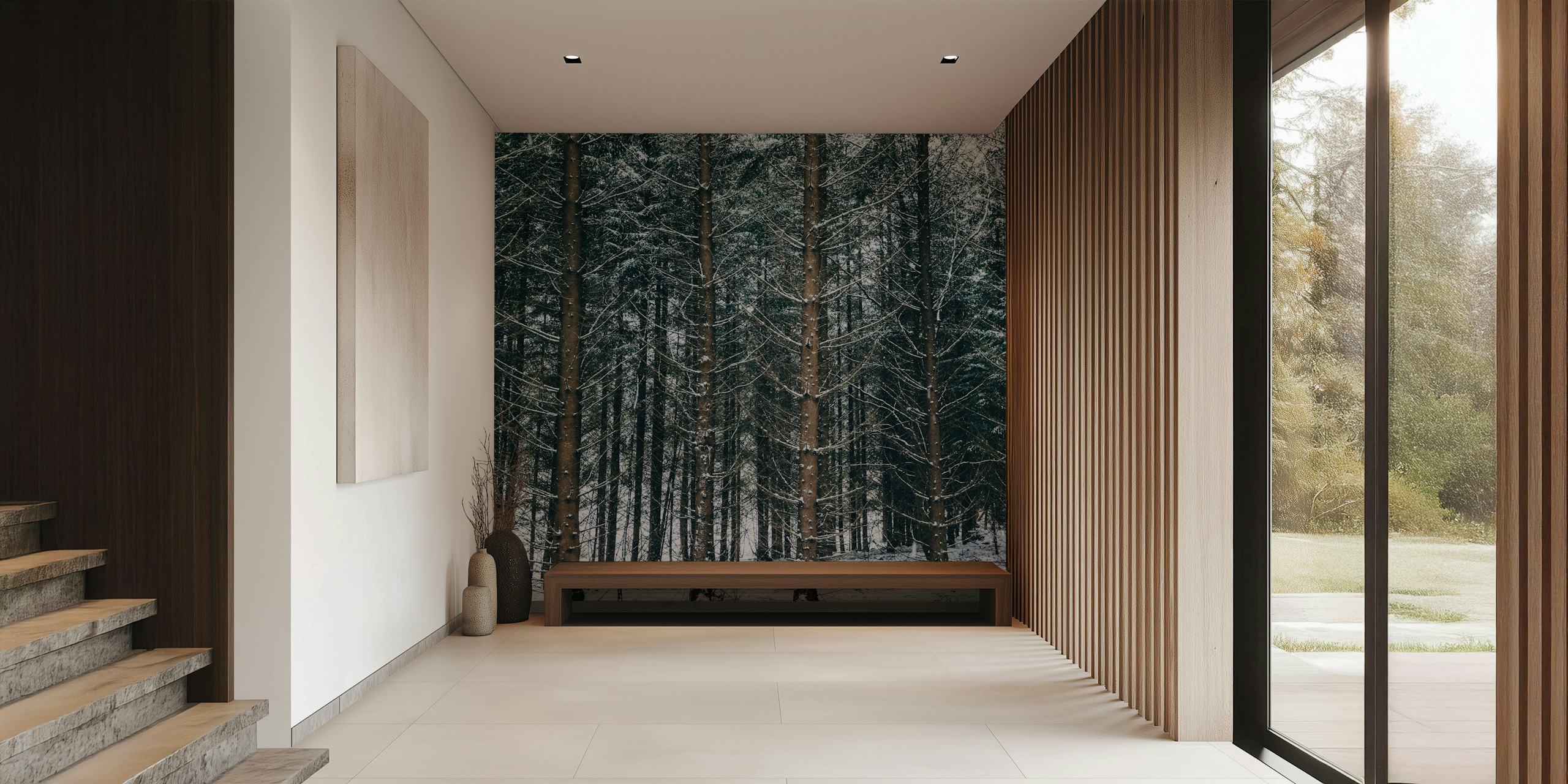 Snowy forest scene with tall trees and white snow wallpaper