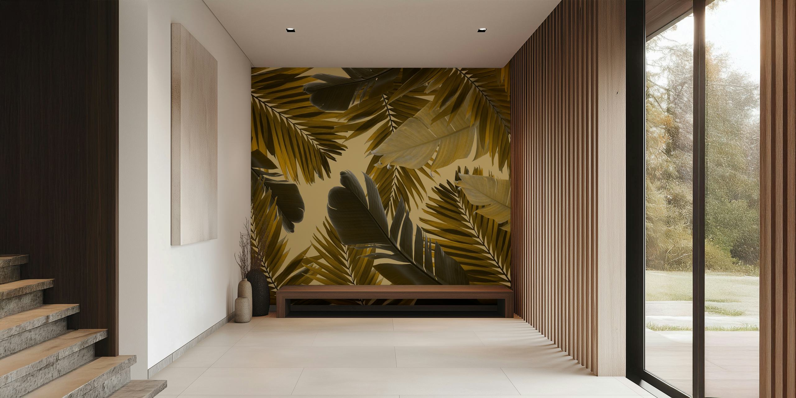 Tropical leaves in shades of green on beige background wallpaper