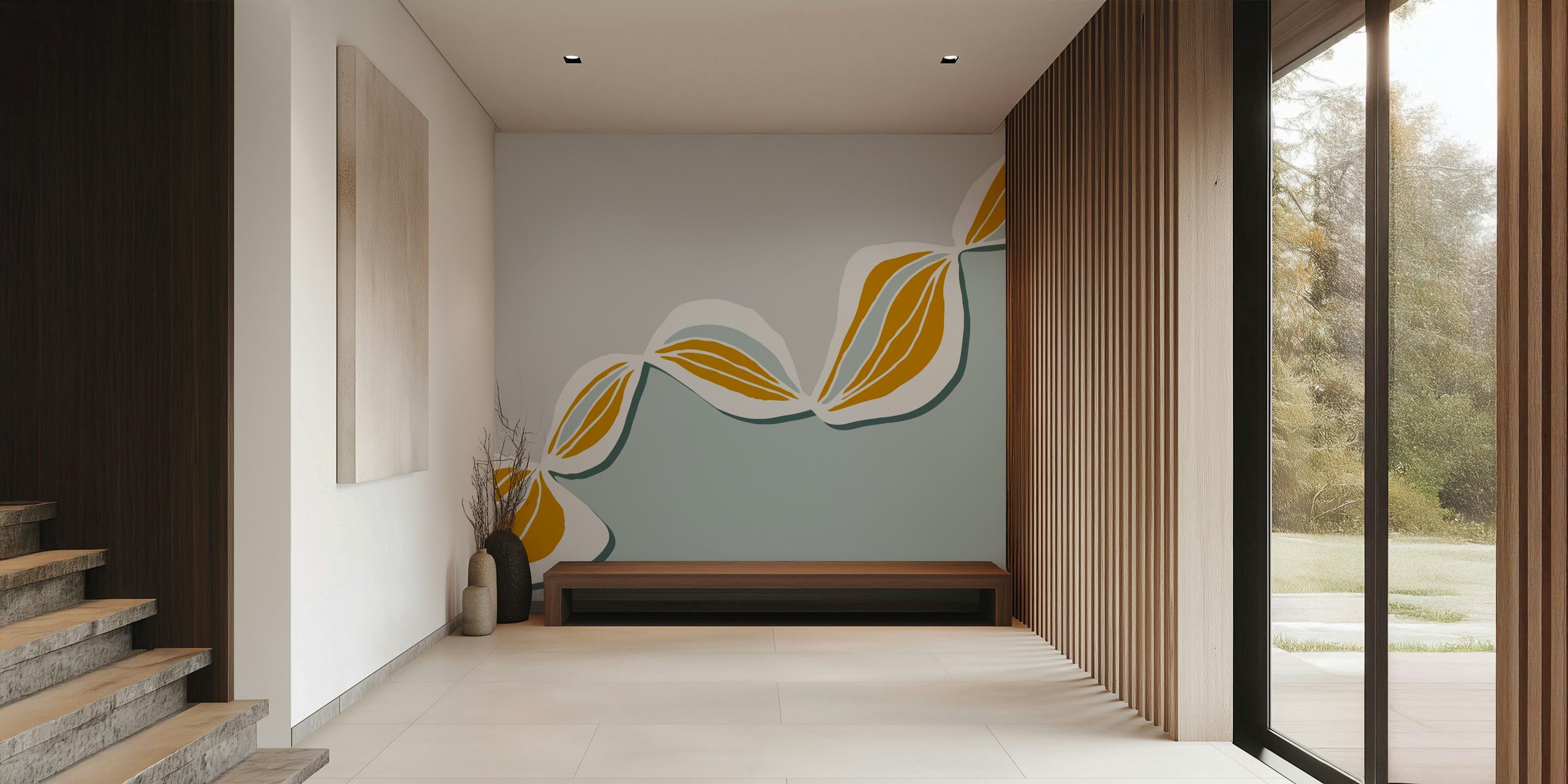 Cream and green floral design with curved patterns wallpaper