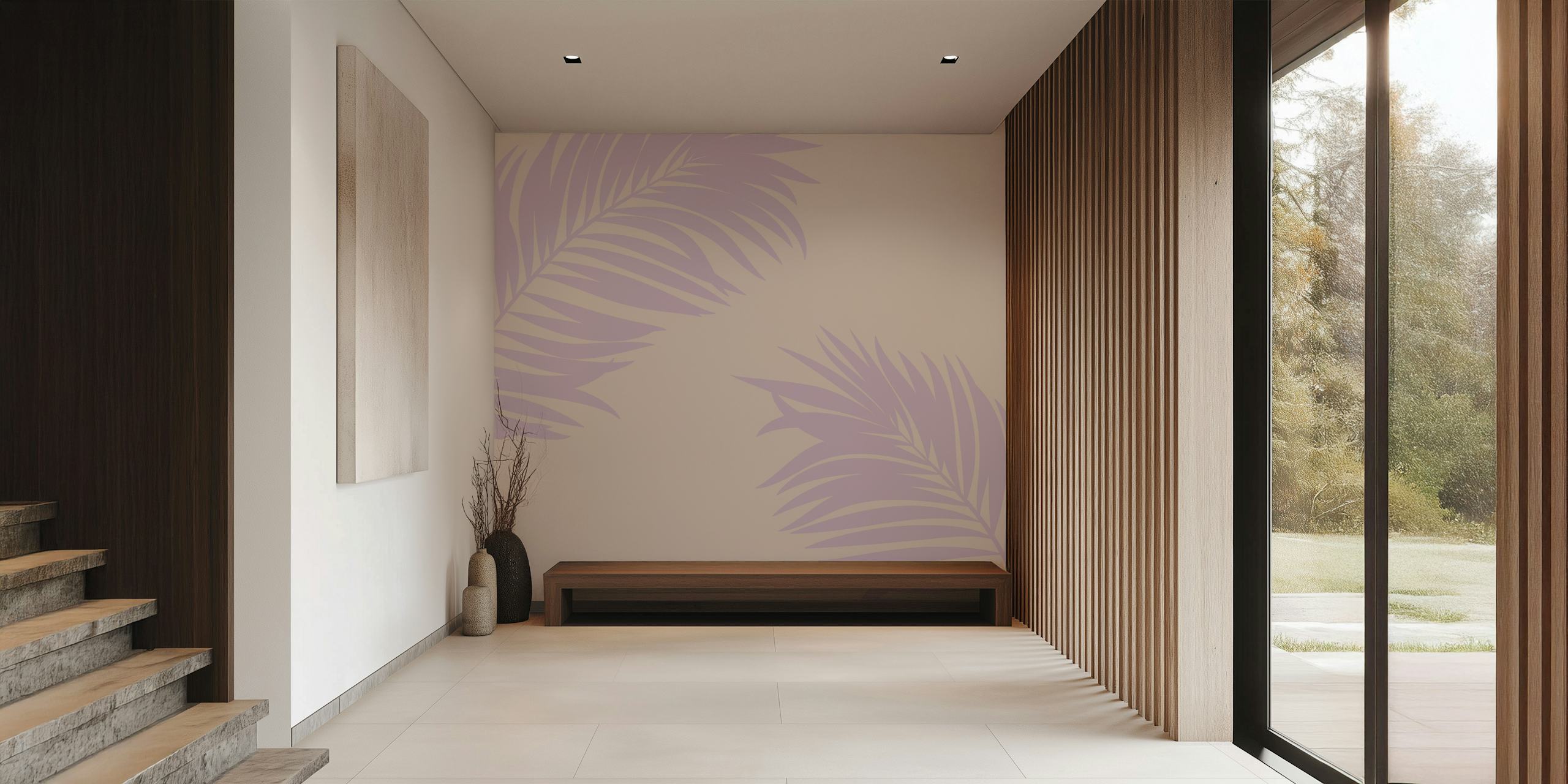 Tapeta Lilac and beige palm art v pokoji