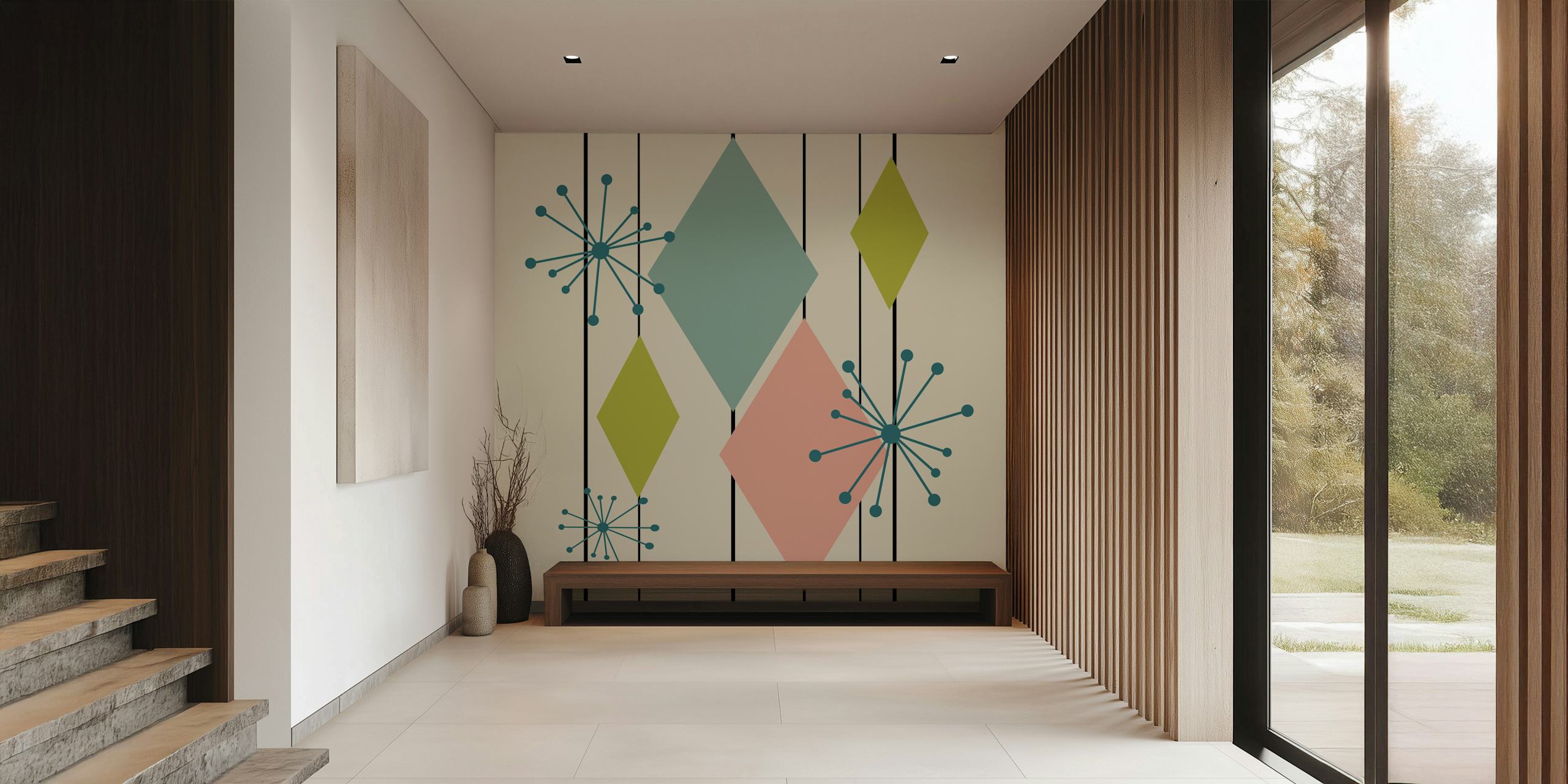 Mid-century modern diamond shapes wall mural with starburst patterns in pastel colors