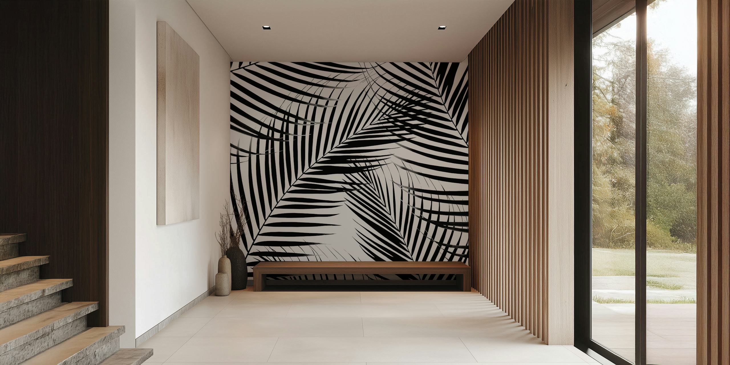 Black and white palm leaves pattern wall mural