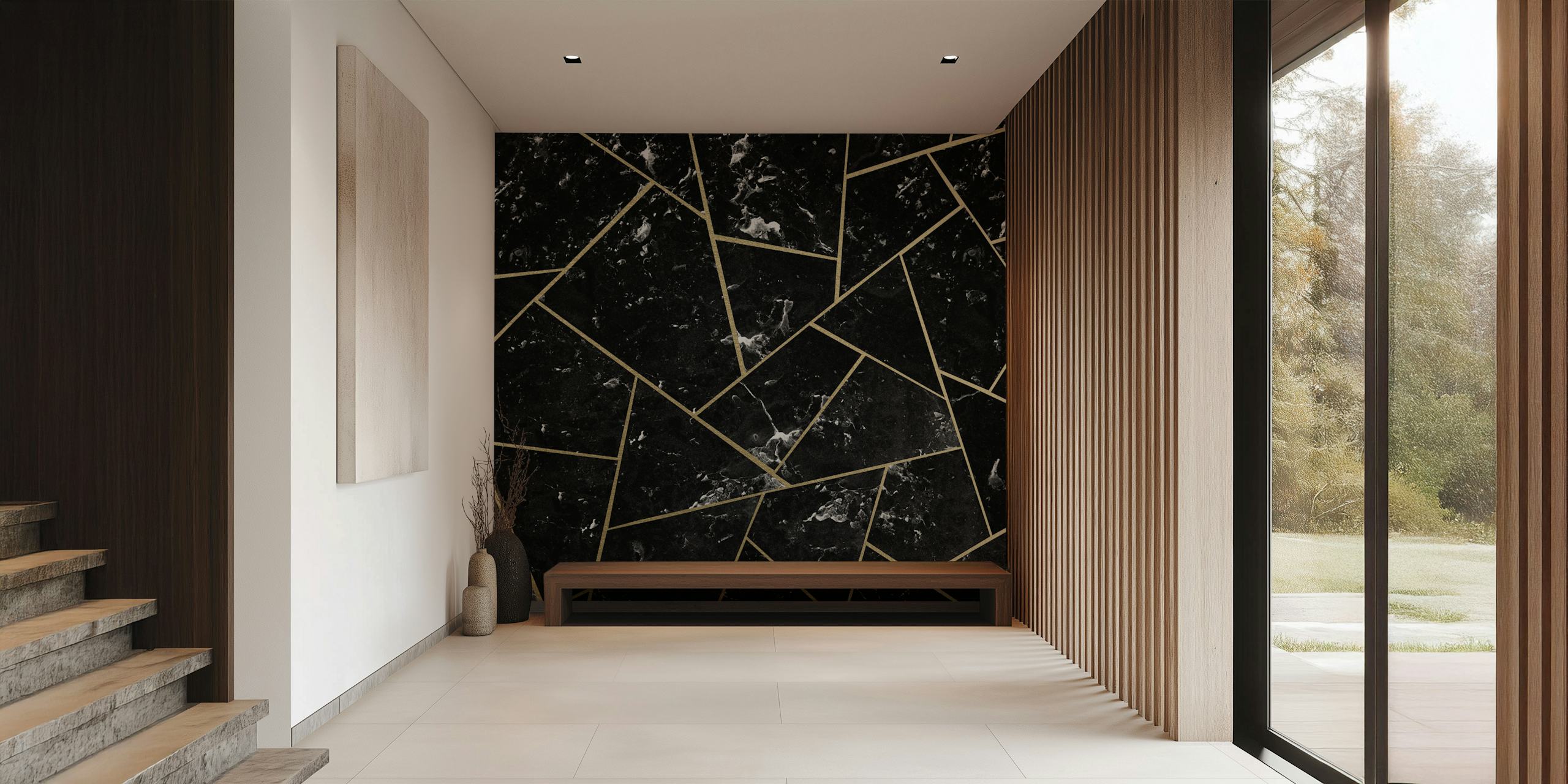 Geometric pattern in black marble with gold lines wallpaper