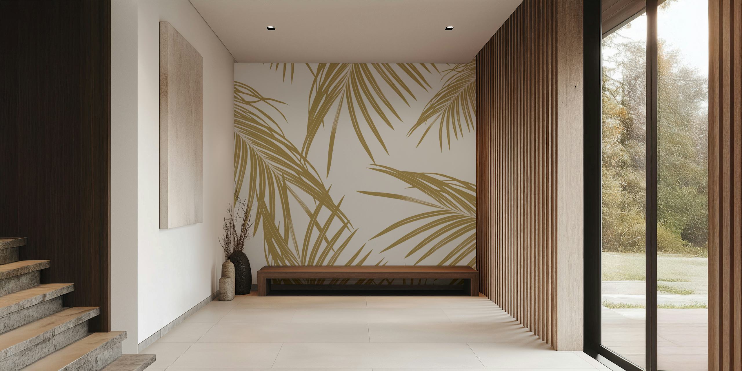 Gold palm leaves pattern on a white background wallpaper