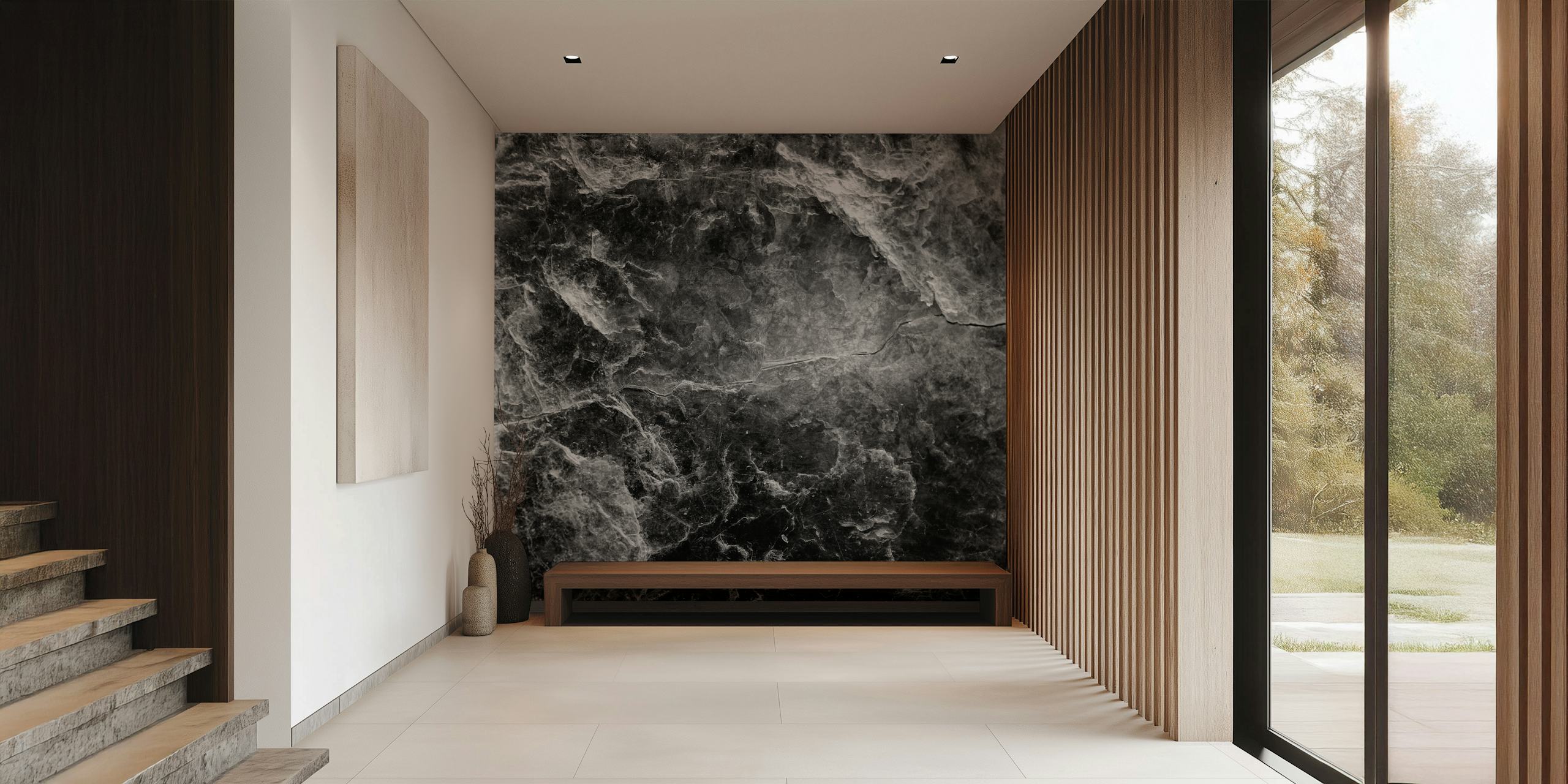 Black marble patterned wallpaper with white veining in modern style
