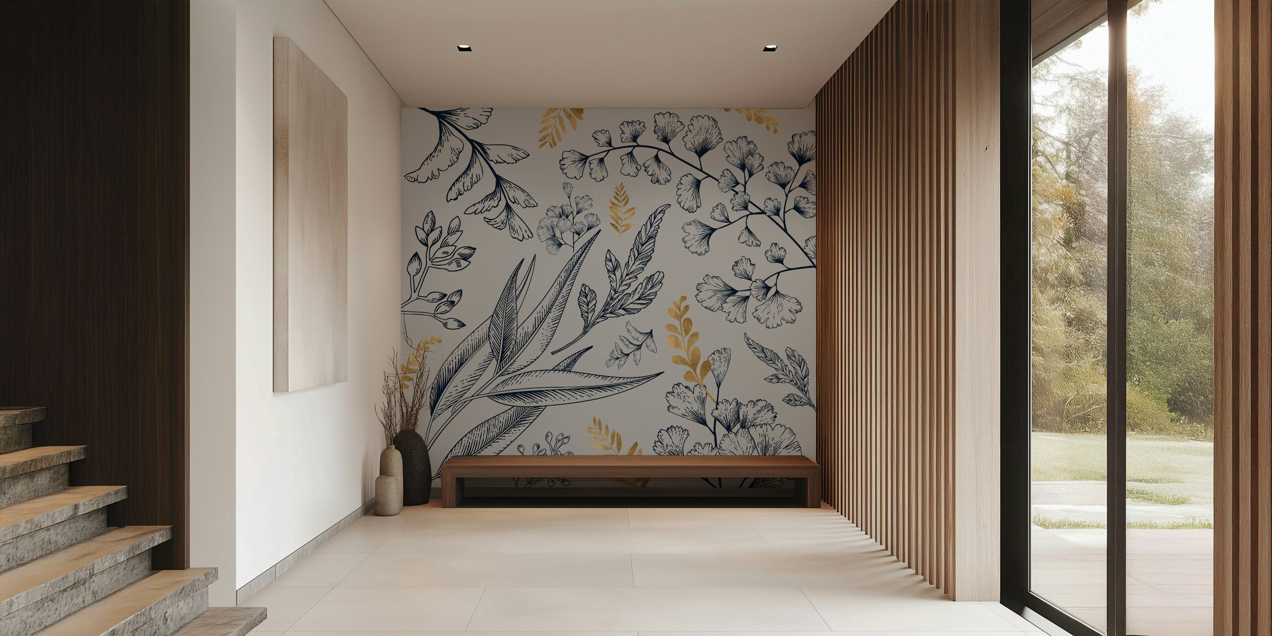 Leaf Line Blues behang in een stijlvolle kamer