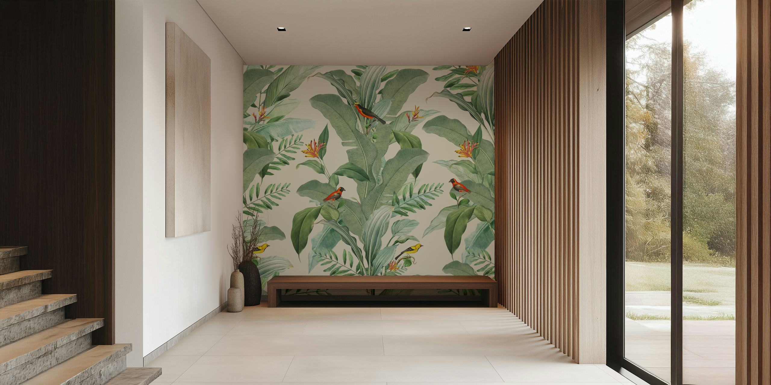 Leaf Bird Sand seinämaalaus vihreillä lehdillä ja värikkäillä lintuilla hiekkaisella taustalla