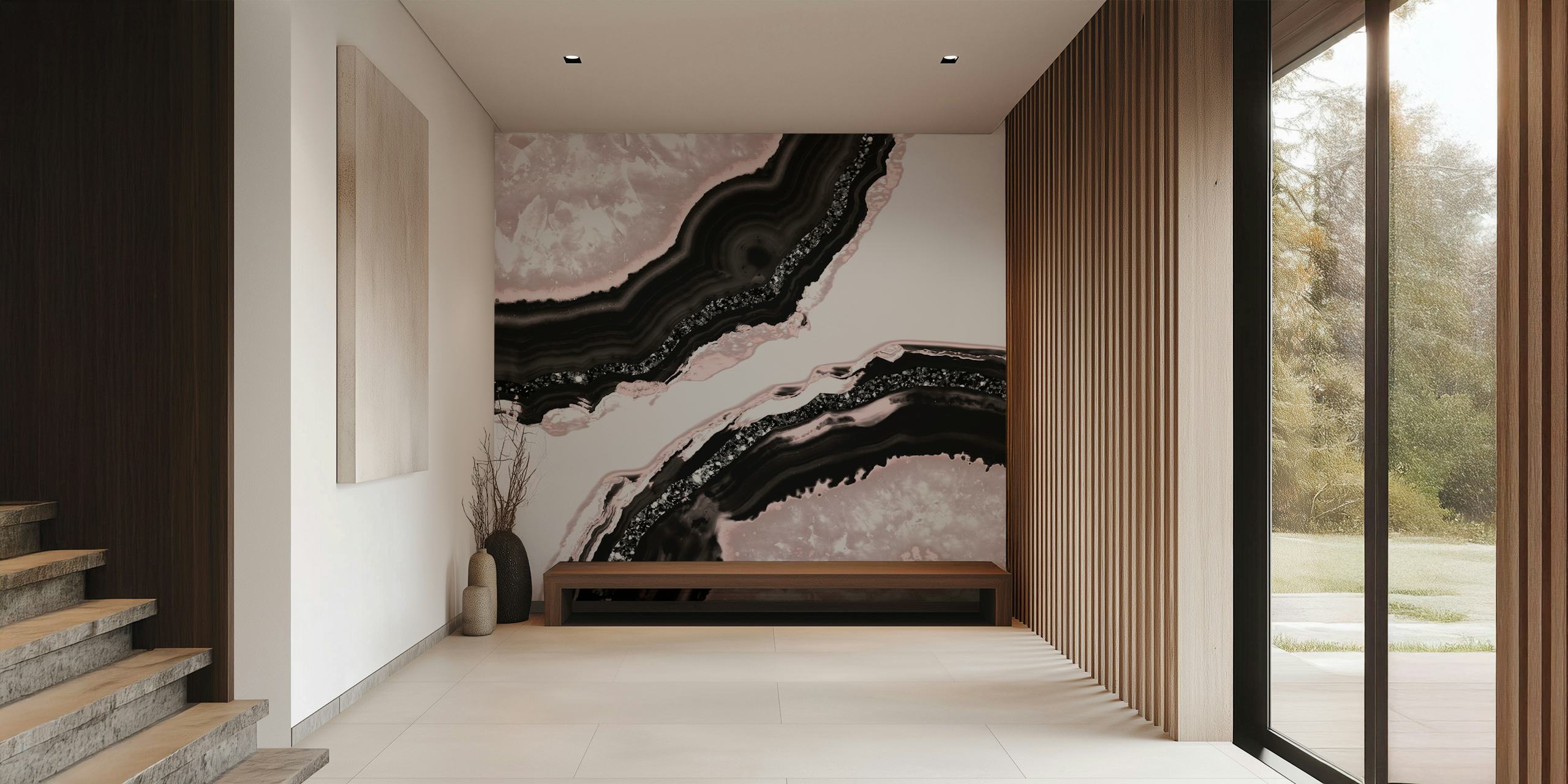 Stylish agate-inspired wall mural with black, white, and soft pink patterns and glitter accents