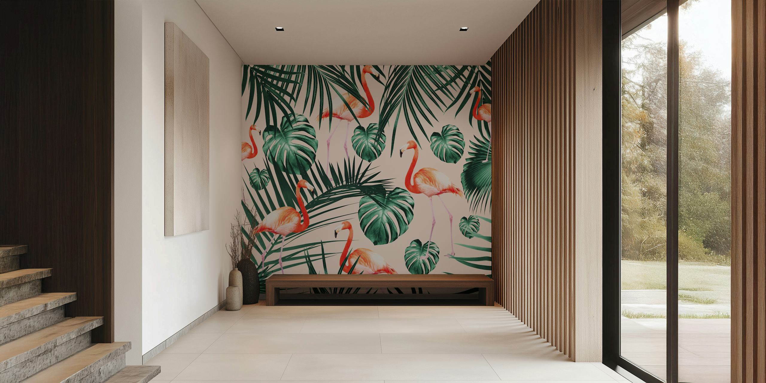 Tropical Flamingo 2 wall mural with flamingos and green foliage on a pink background