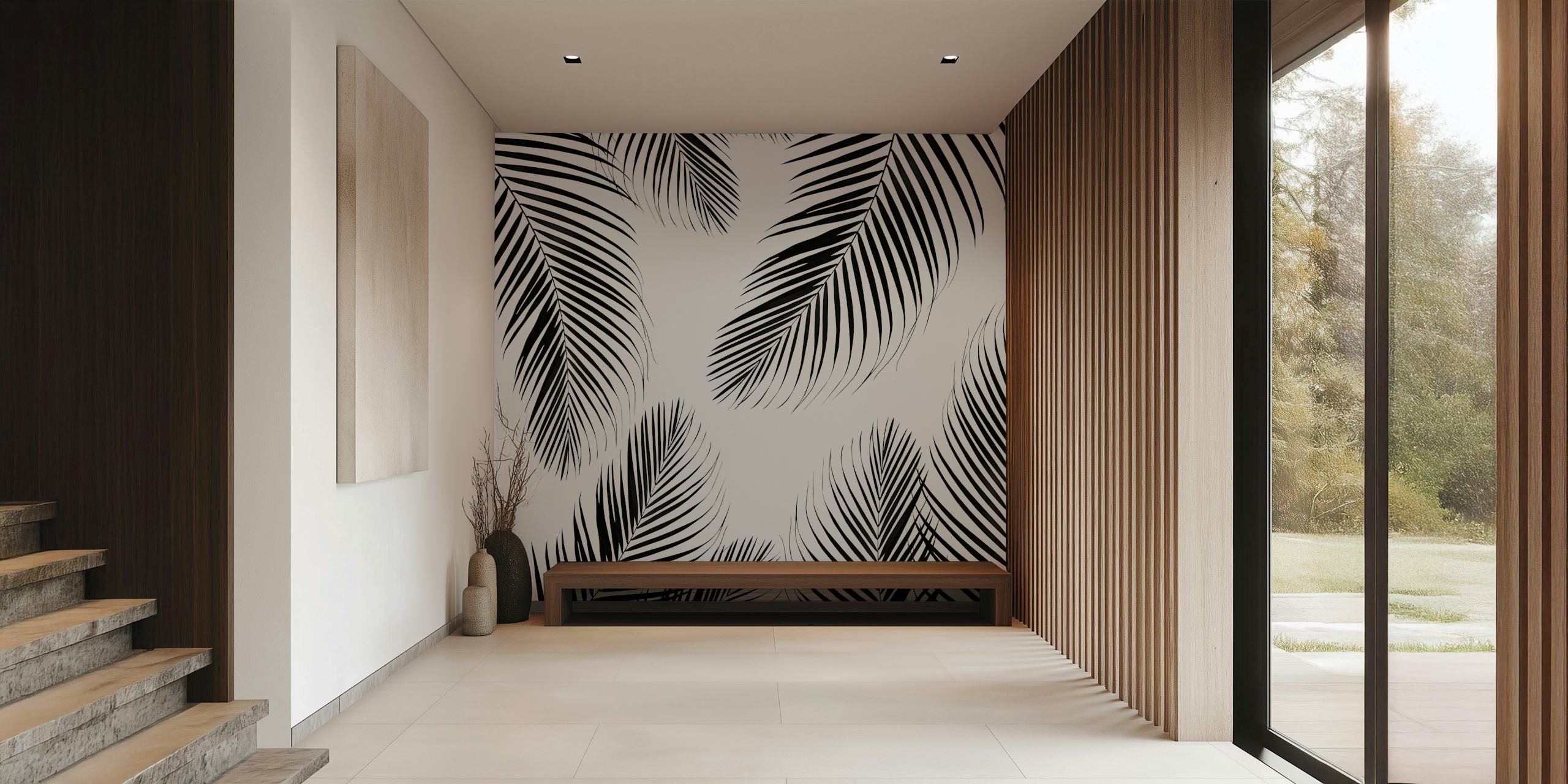 Palm leaves pattern in black and white wallpaper