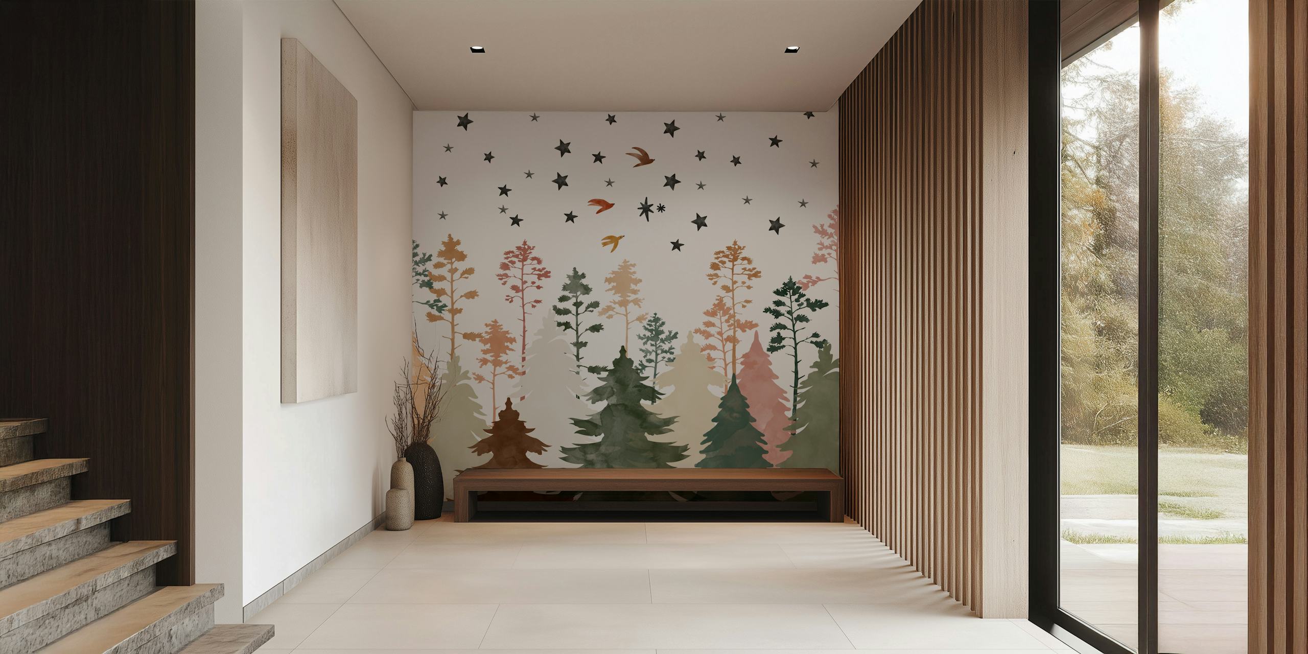 Watercolor trees with birds and stars on white wallpaper