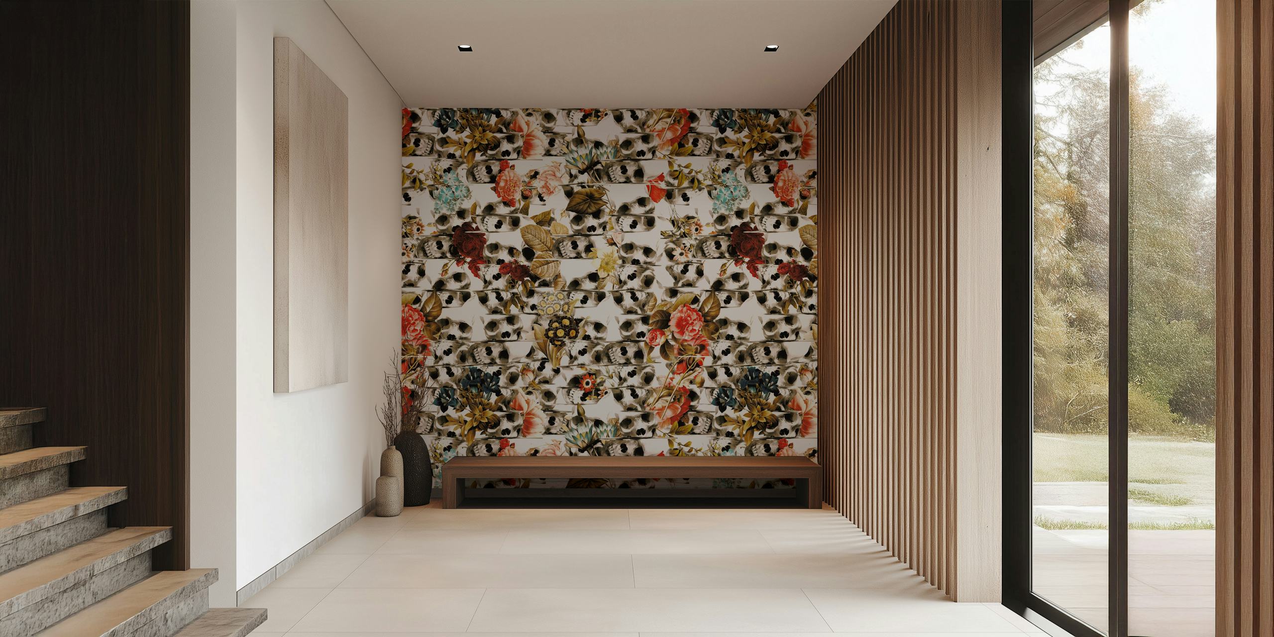 Papier peint mural abstrait à effet glitch présentant des éléments inspirés de l'automne dans un style d'art numérique moderne