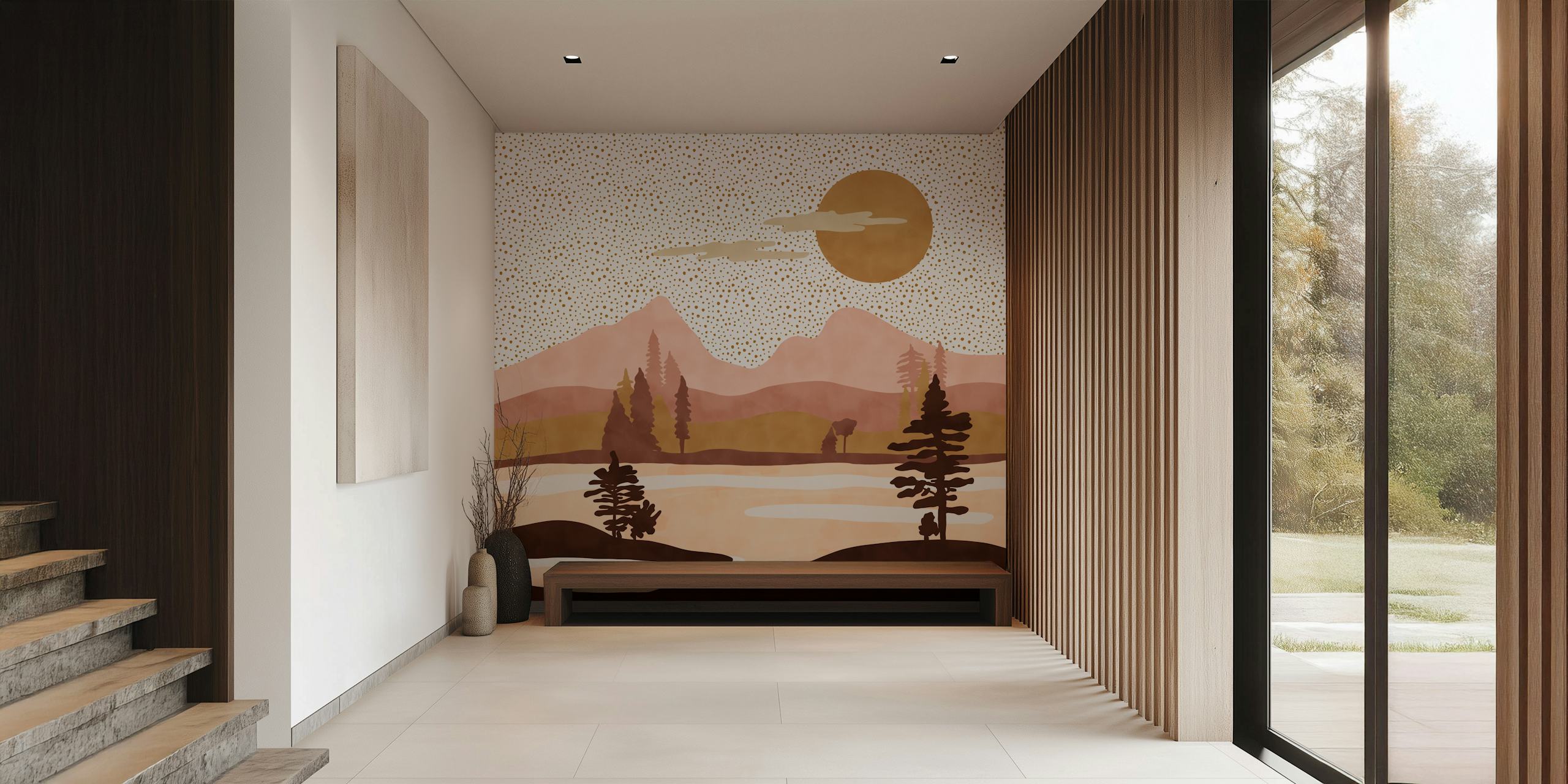 Pink forest landscape with trees and mountains wallpaper