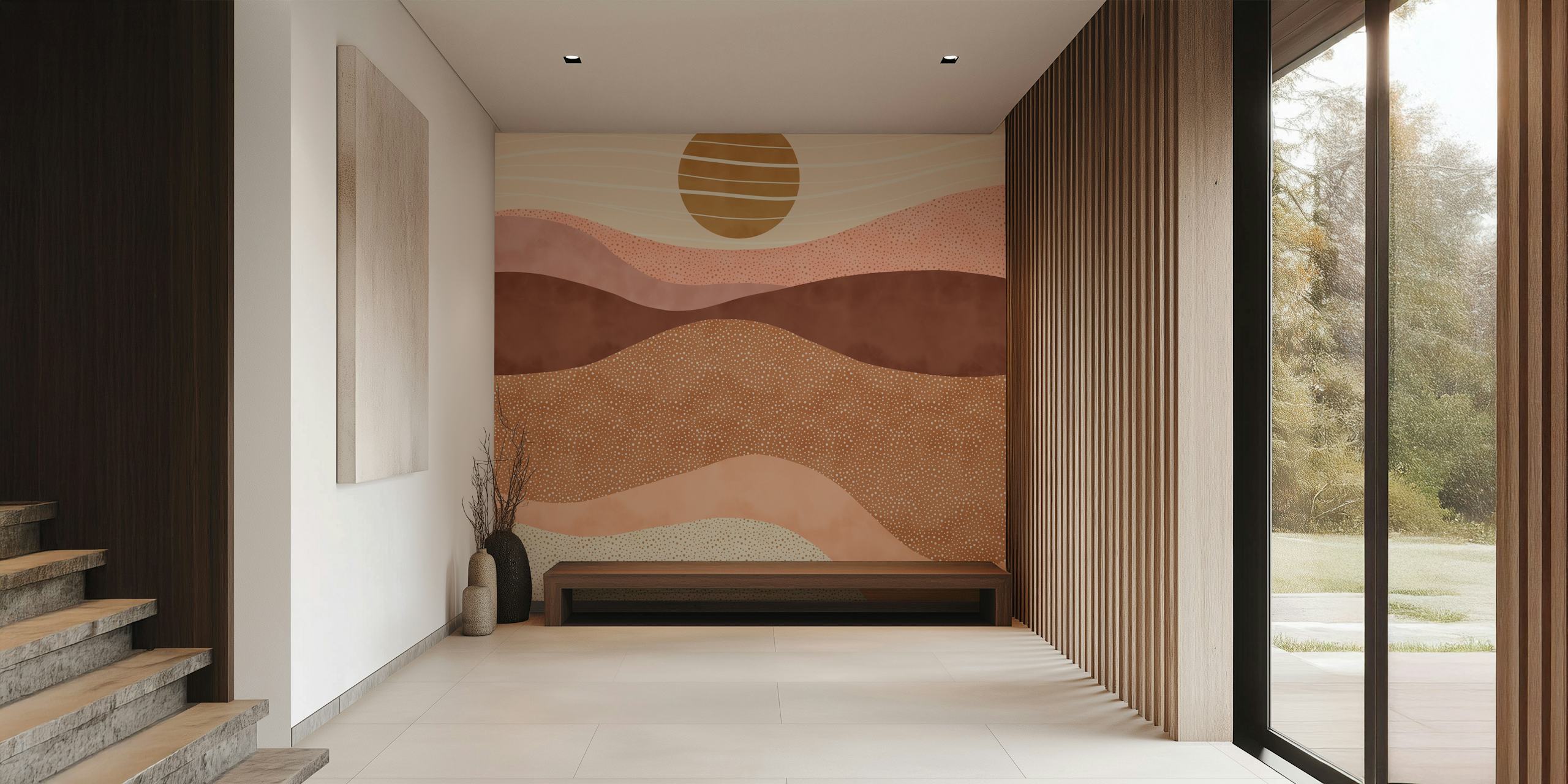 Abstract sunset landscape wallpaper with warm shades of pink, brown, and cream
