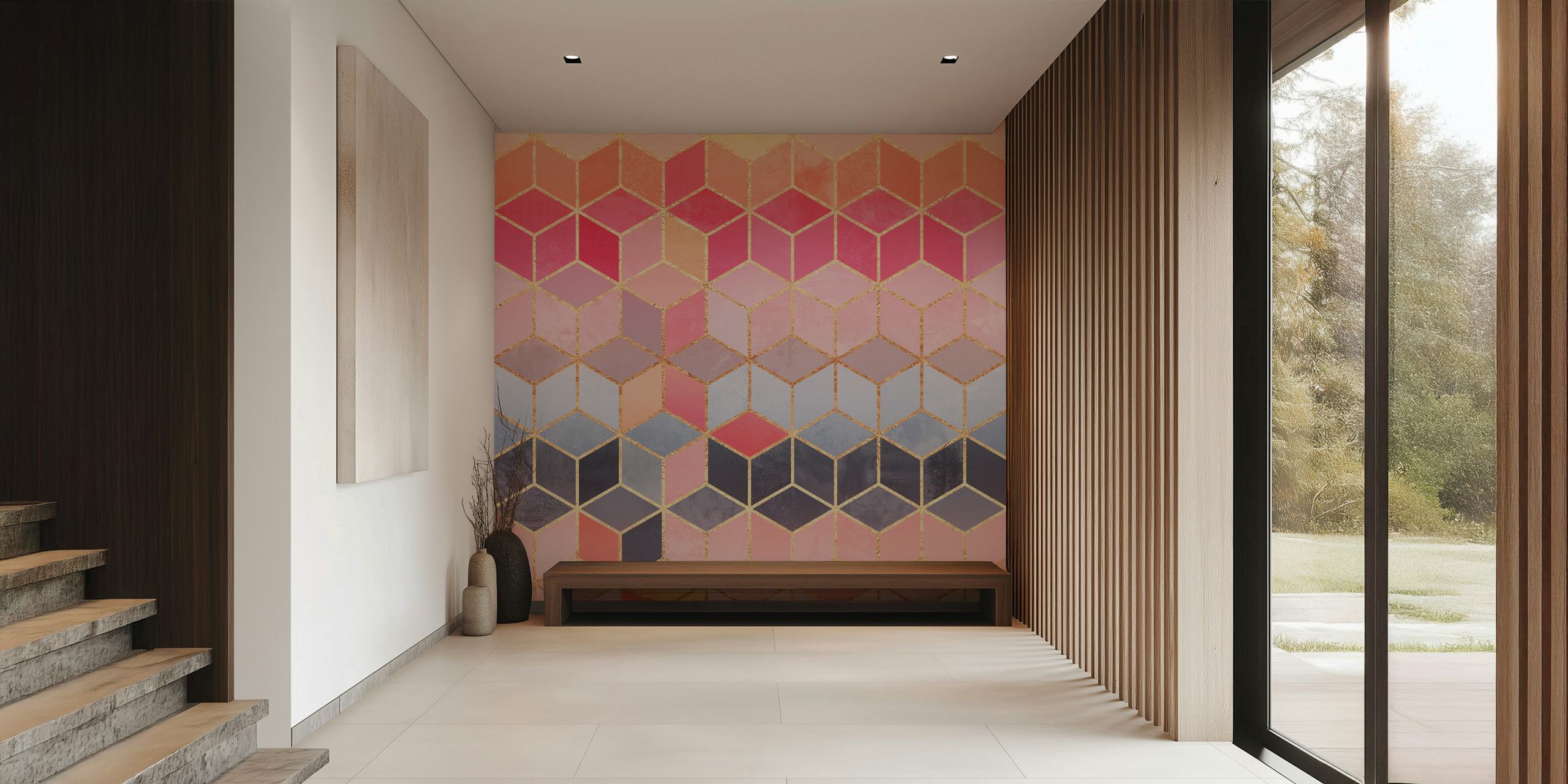 Happy Cubes veggmaleri med geometrisk kubemønster i rosa, blå og gule nyanser