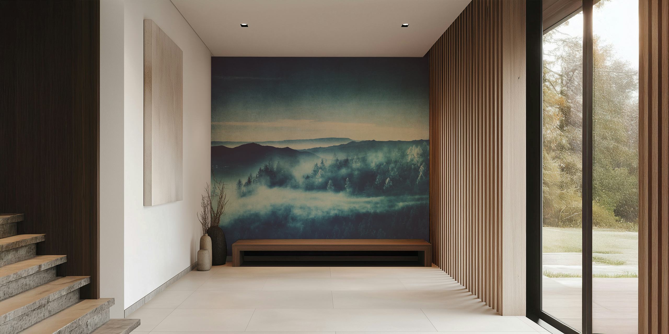 Mountain Fog and Pine Forest wallpaper in a room