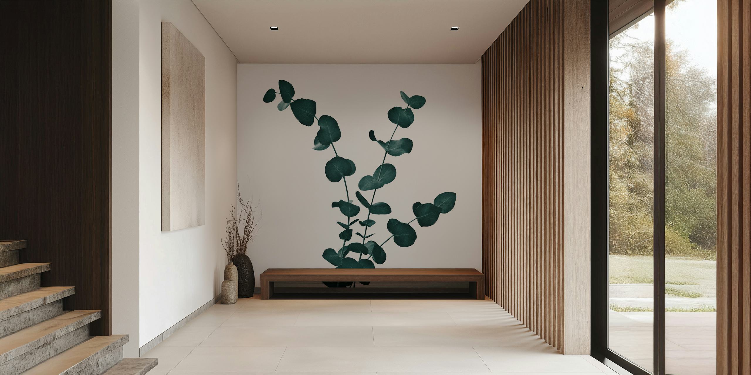 Eucalyptus leaves in deep green on white background wallpaper