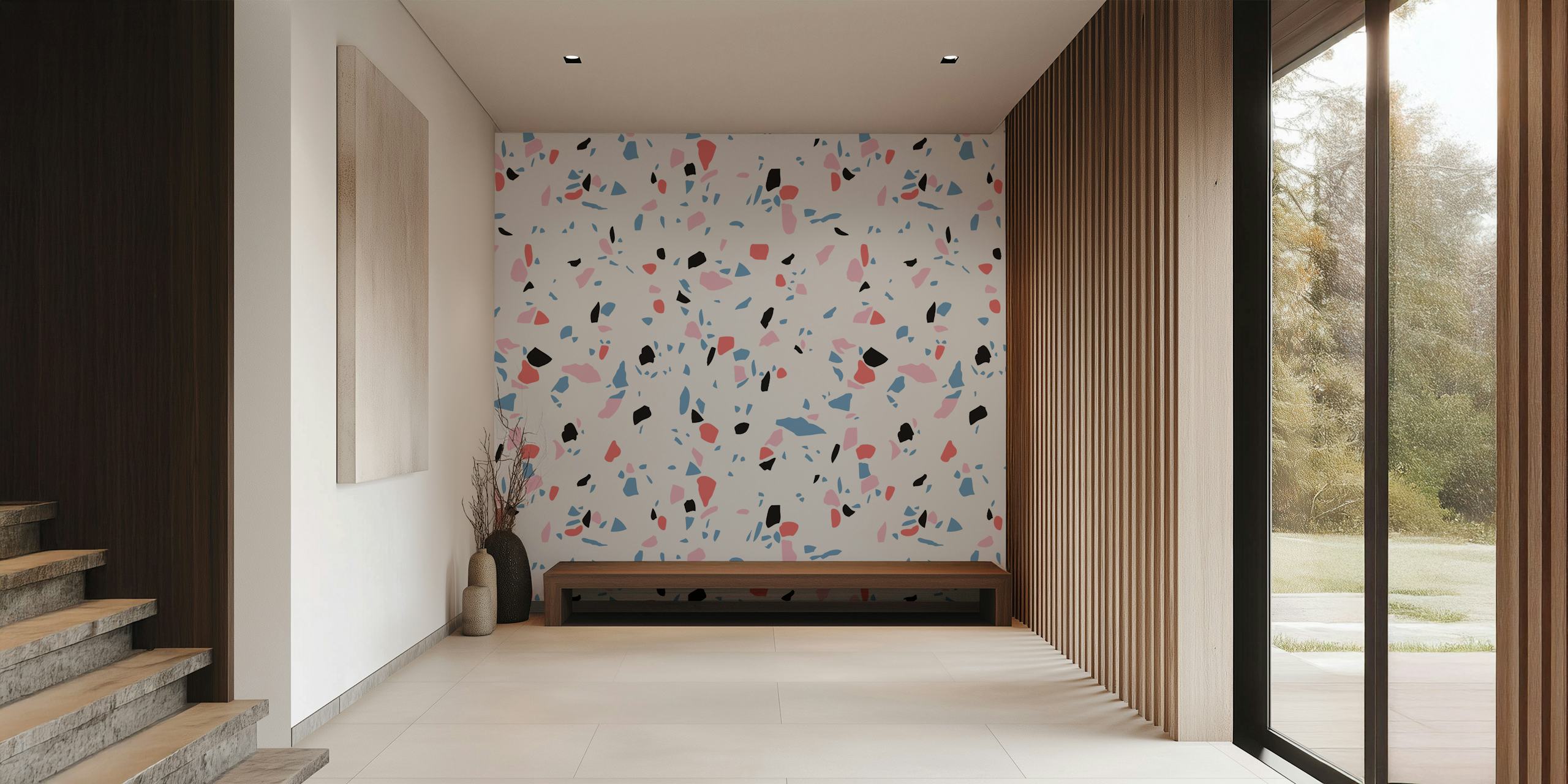 Terrazzo Style 1 veggmaleri med hvit bakgrunn og fargerike abstrakte former