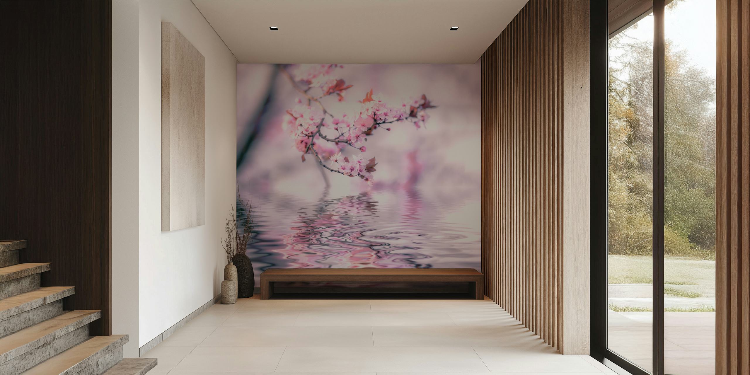 Pink cherry blossoms reflected on water wallpaper