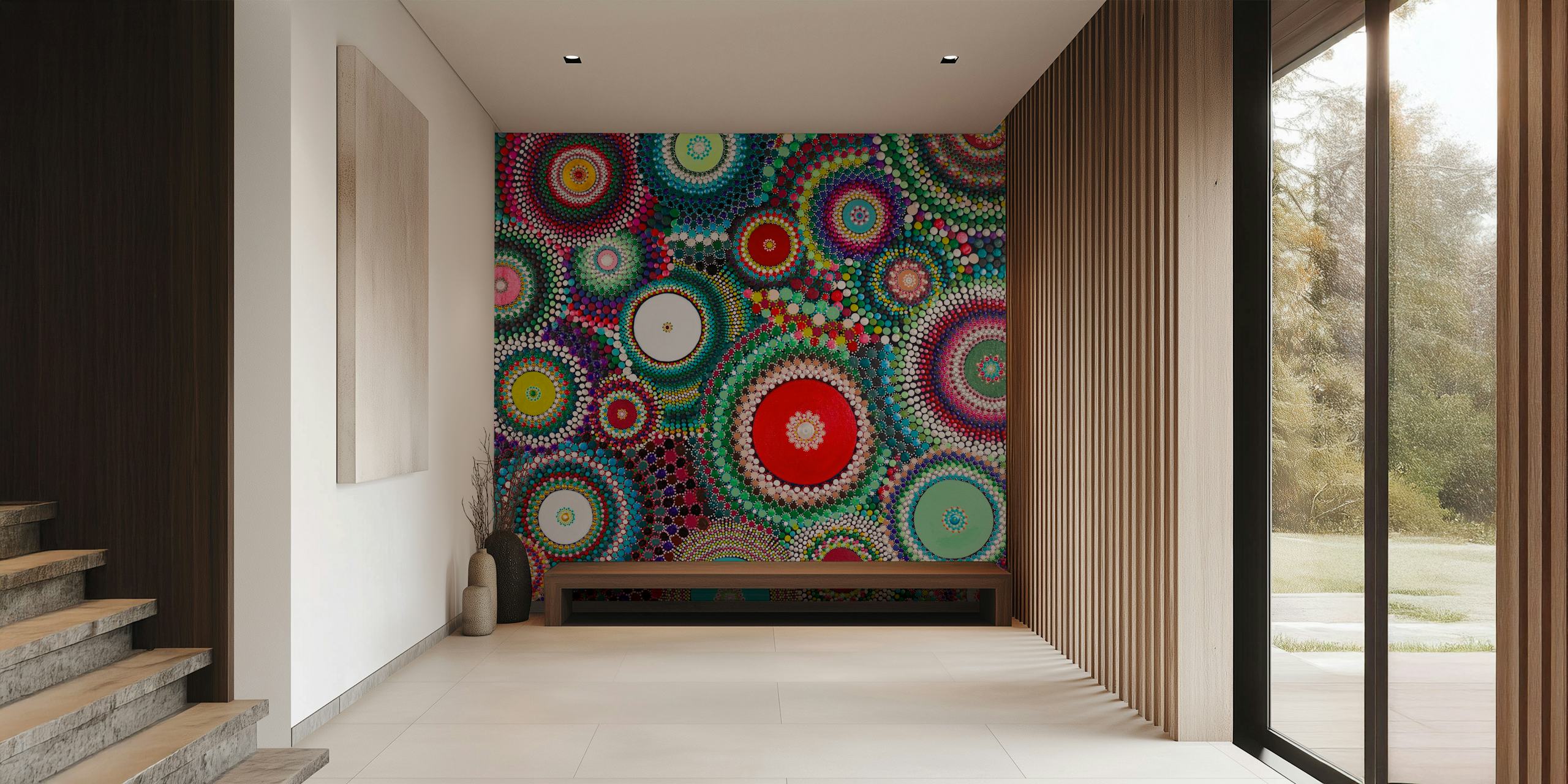 Colorful abstract wall mural design featuring vibrant patterns inspired by Pohutukawa tree blossoms