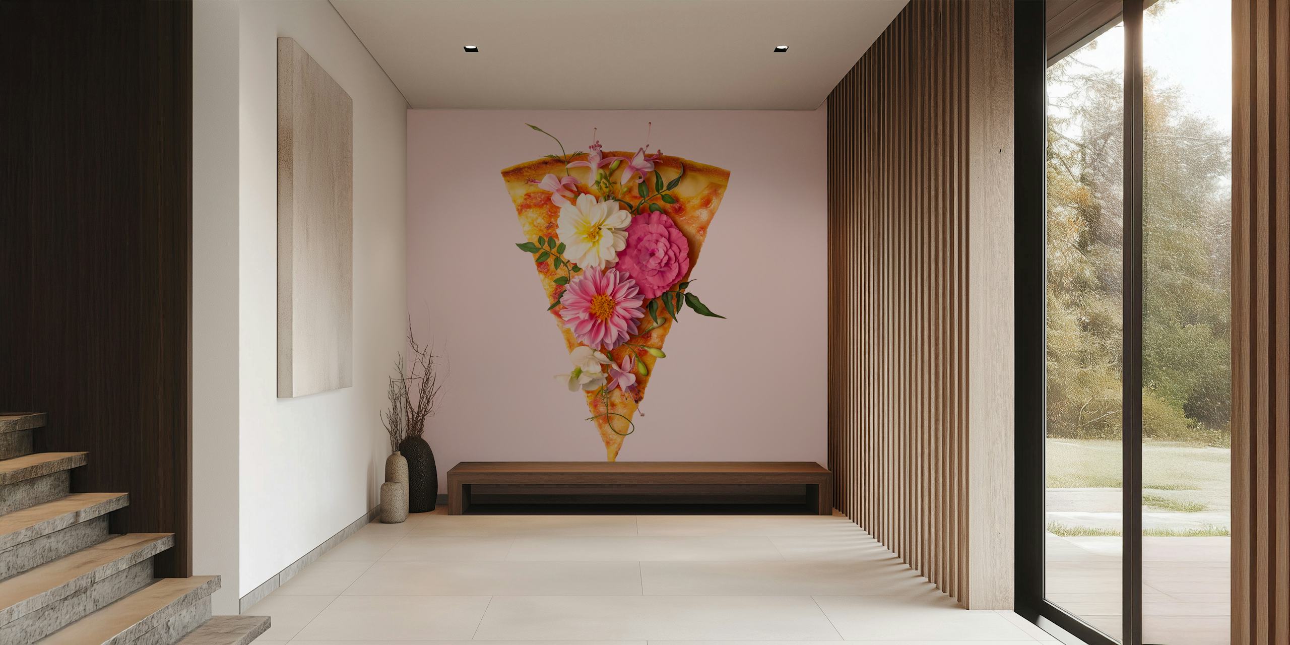 Pizza slice topped with colorful flowers on pink background wallpaper