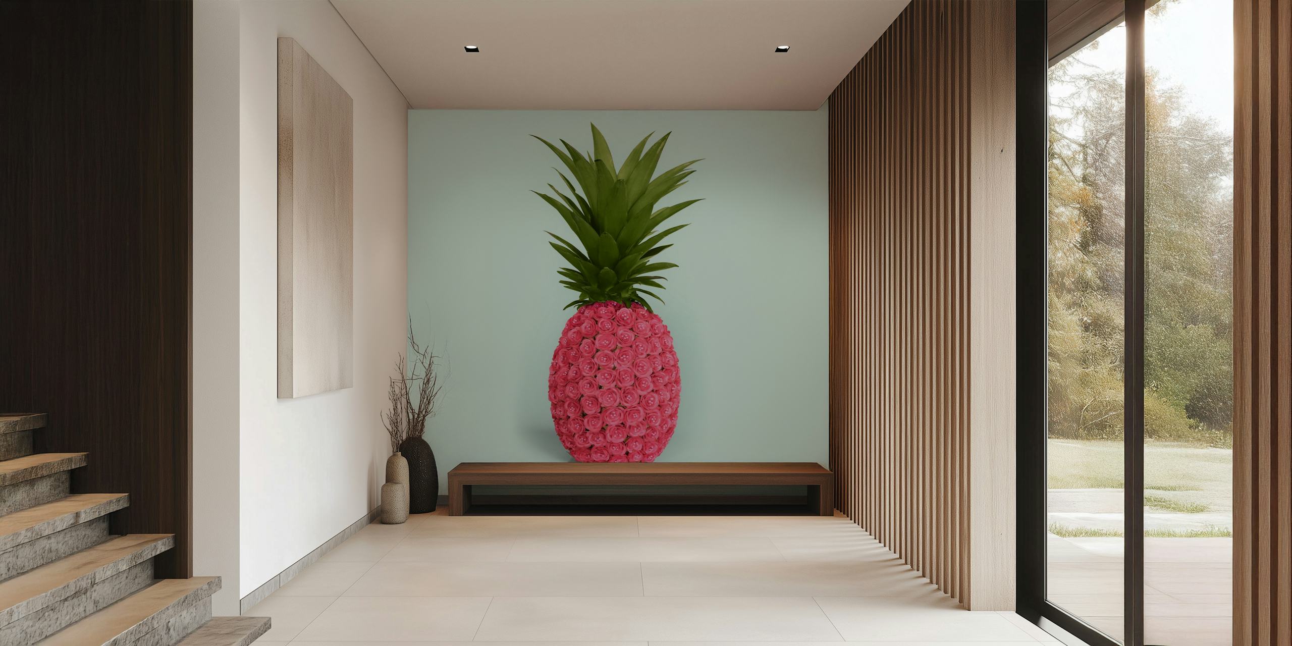 Pink pineapple with roses and green leaves wallpaper