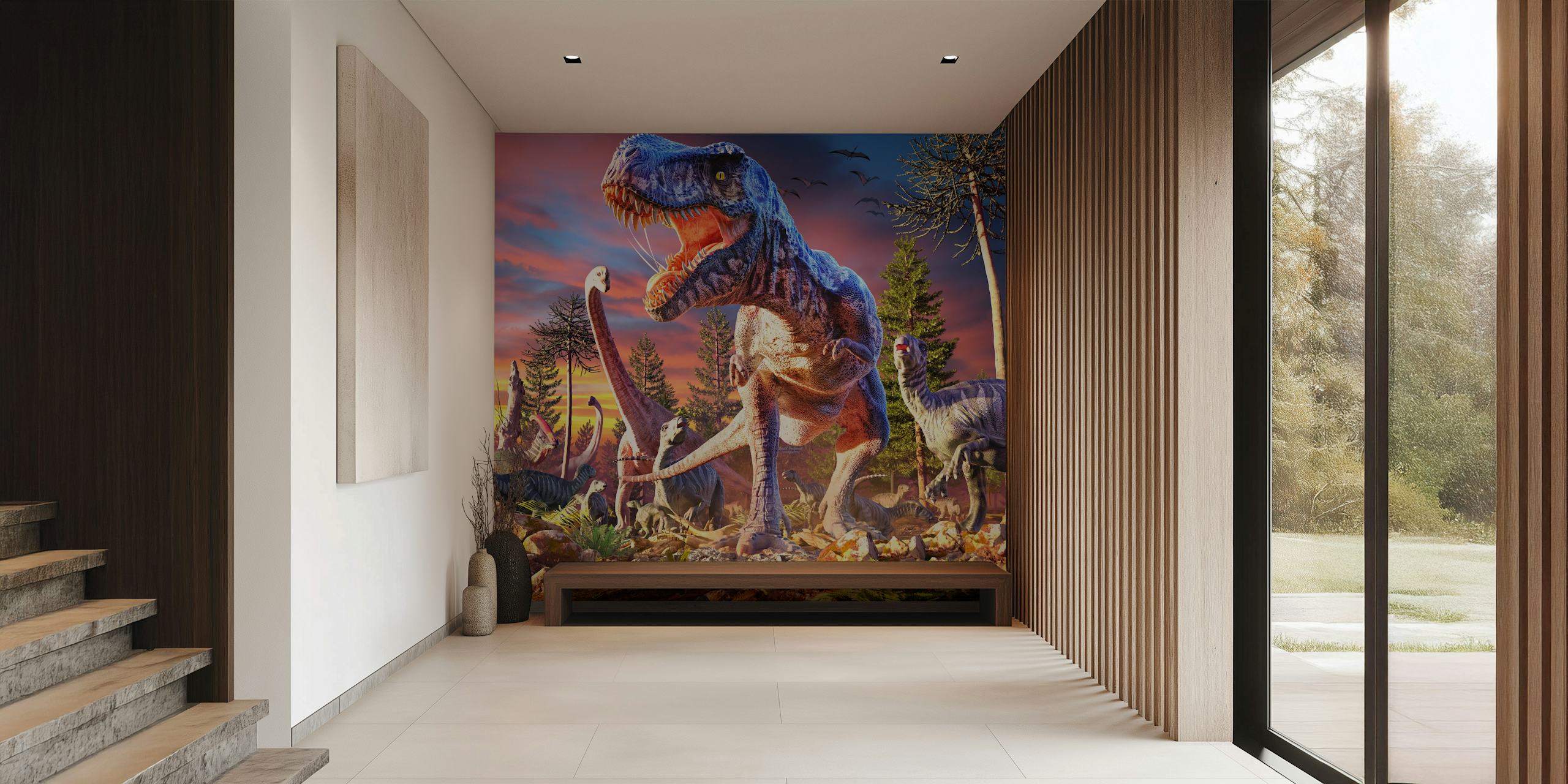 Dinosaur scene with T-Rex and other dinosaurs in vibrant colors wallpaper