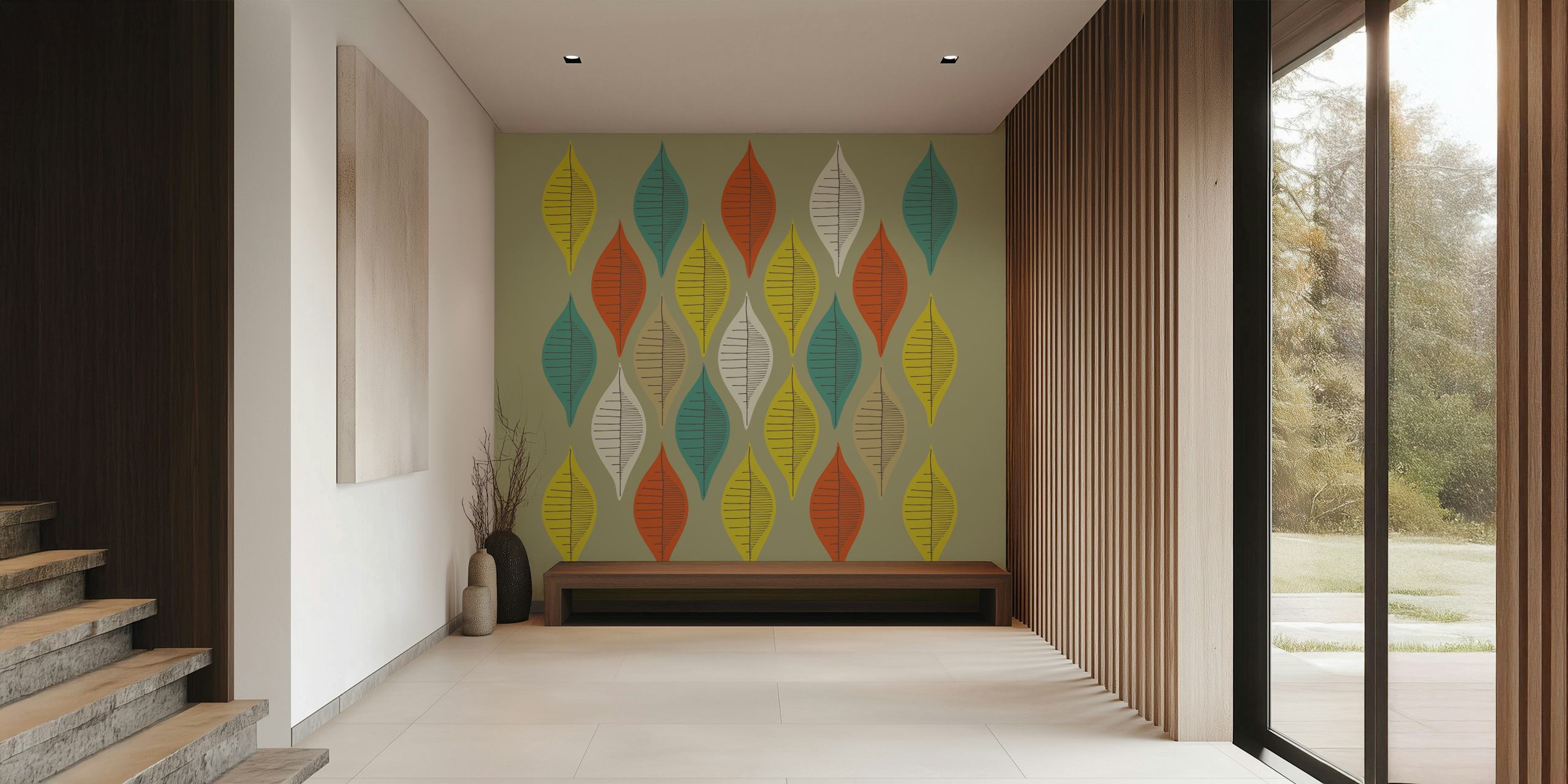 Colorful leaf pattern in greens, yellows, and reds wallpaper