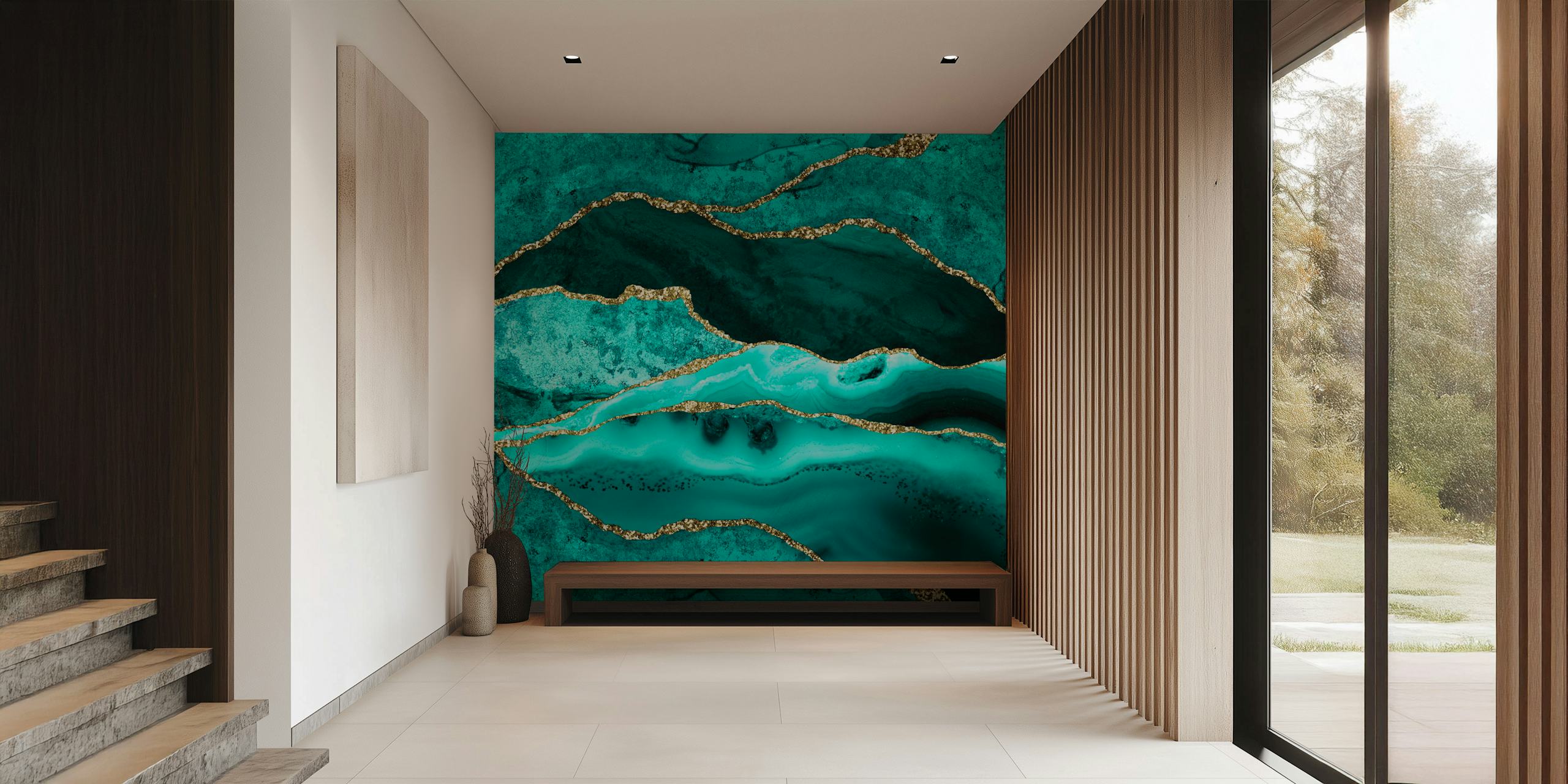 Ocean Waves Marble Emerald wallpaper design in room