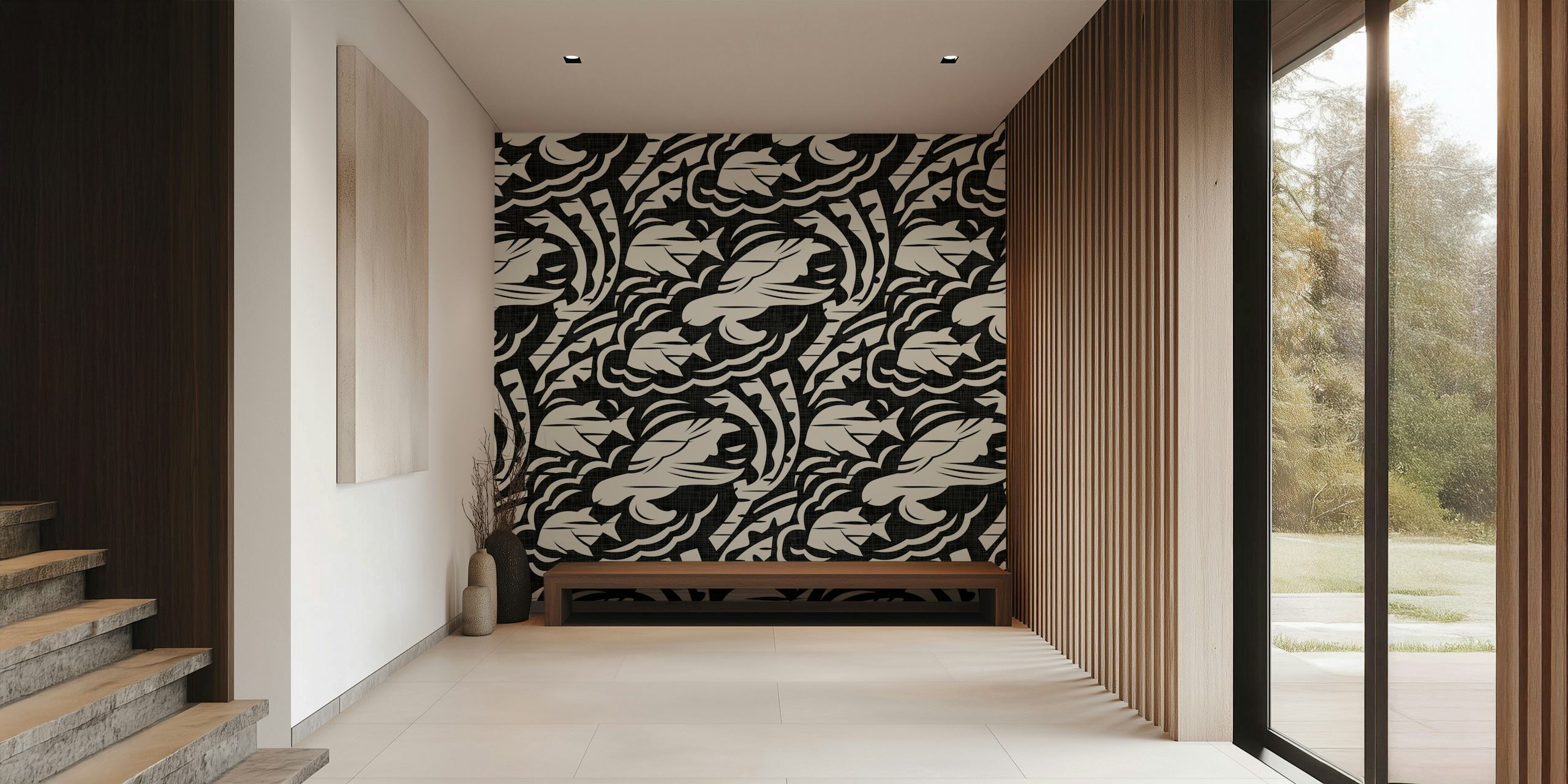 Hawaiian turtles and clouds in black and cream wallpaper