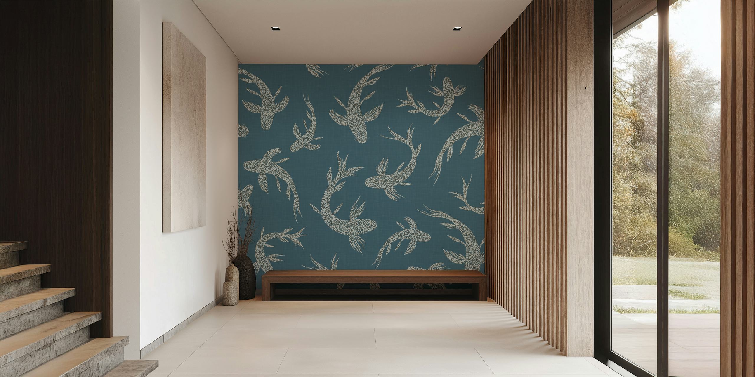 Koi fish swimming on Aegean blue background wallpaper