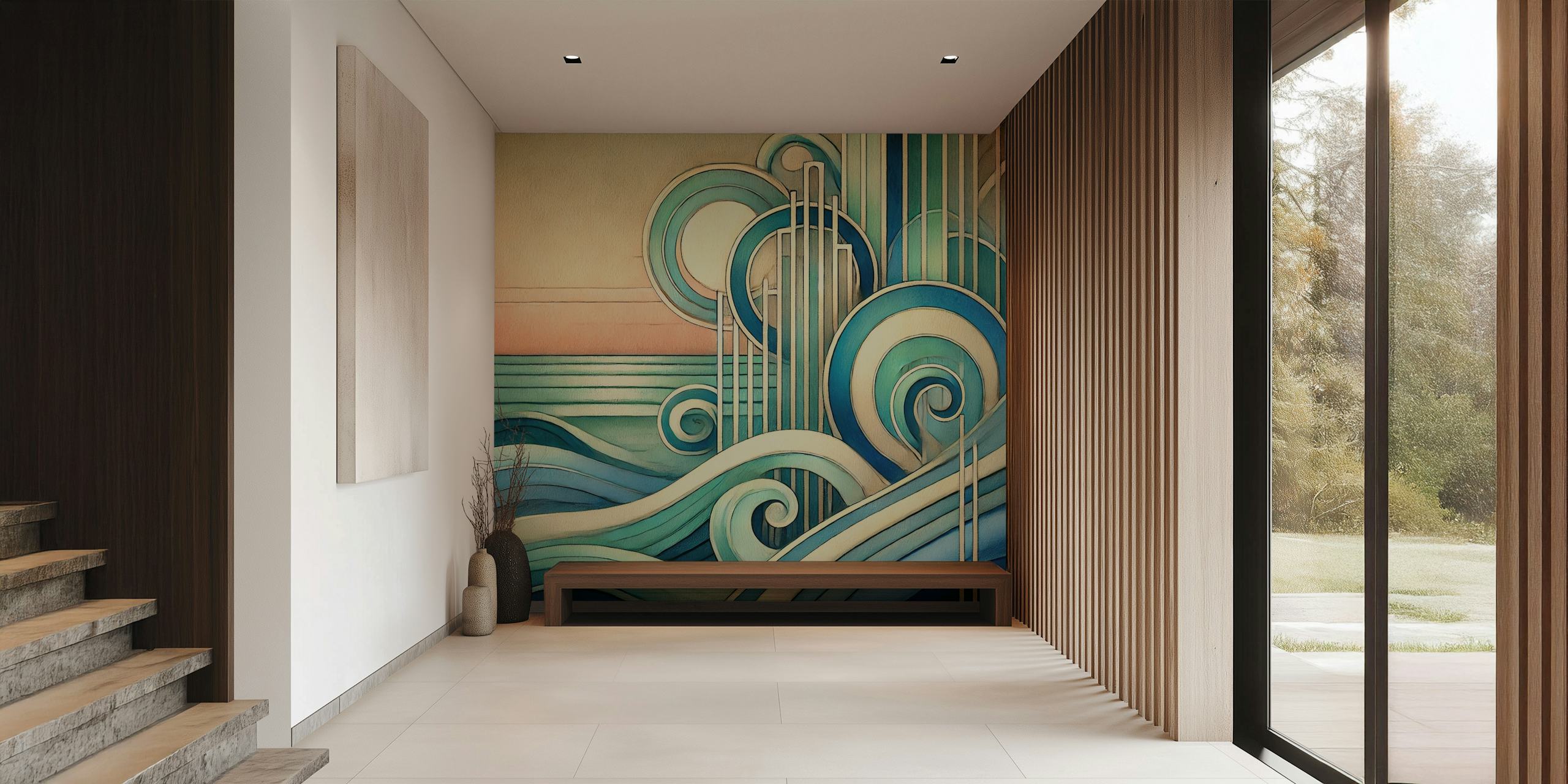 Art Deco Ocean Waves wallpaper in a room