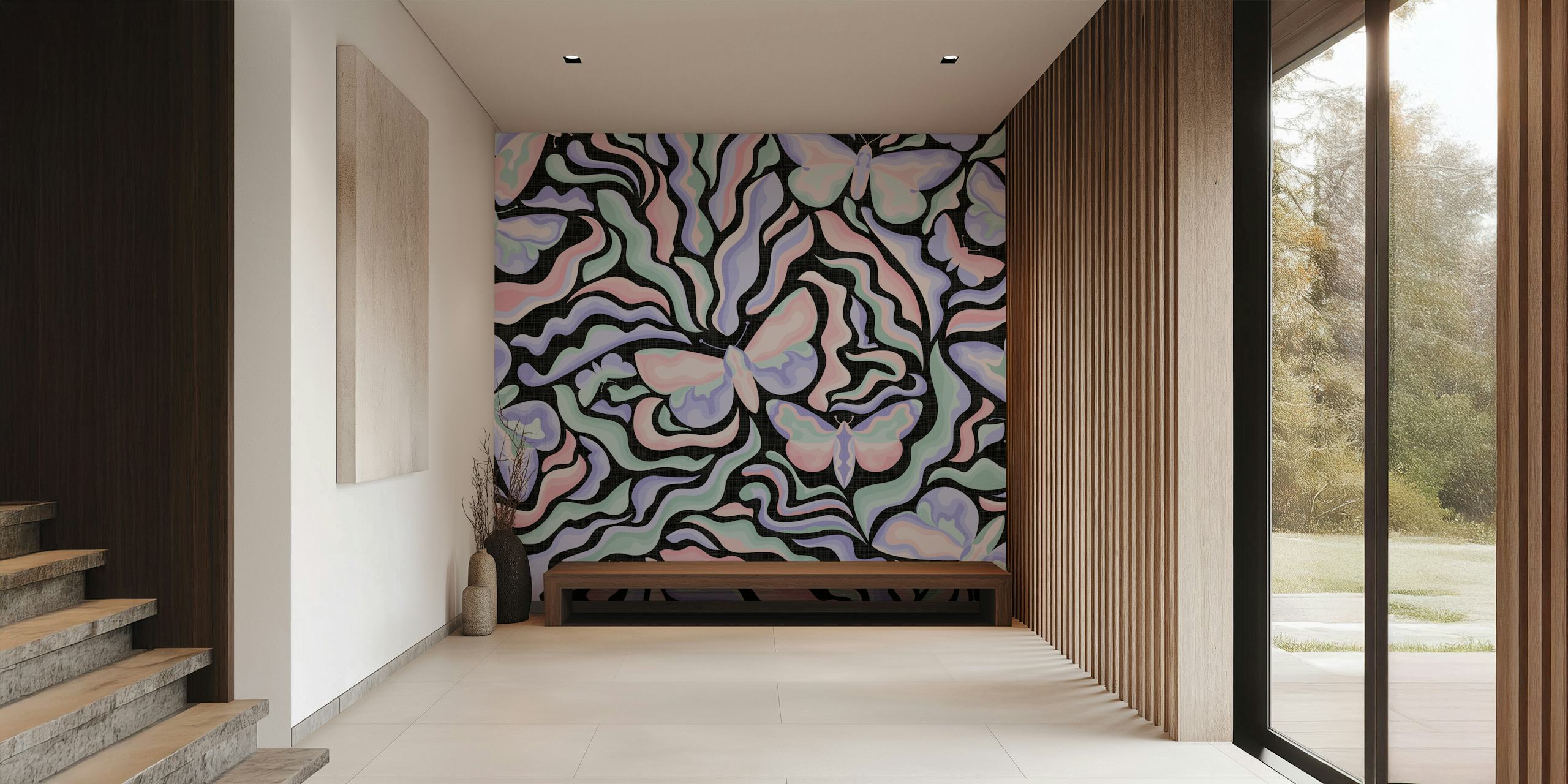 Pasteltuin behang met vlinders ontwerp