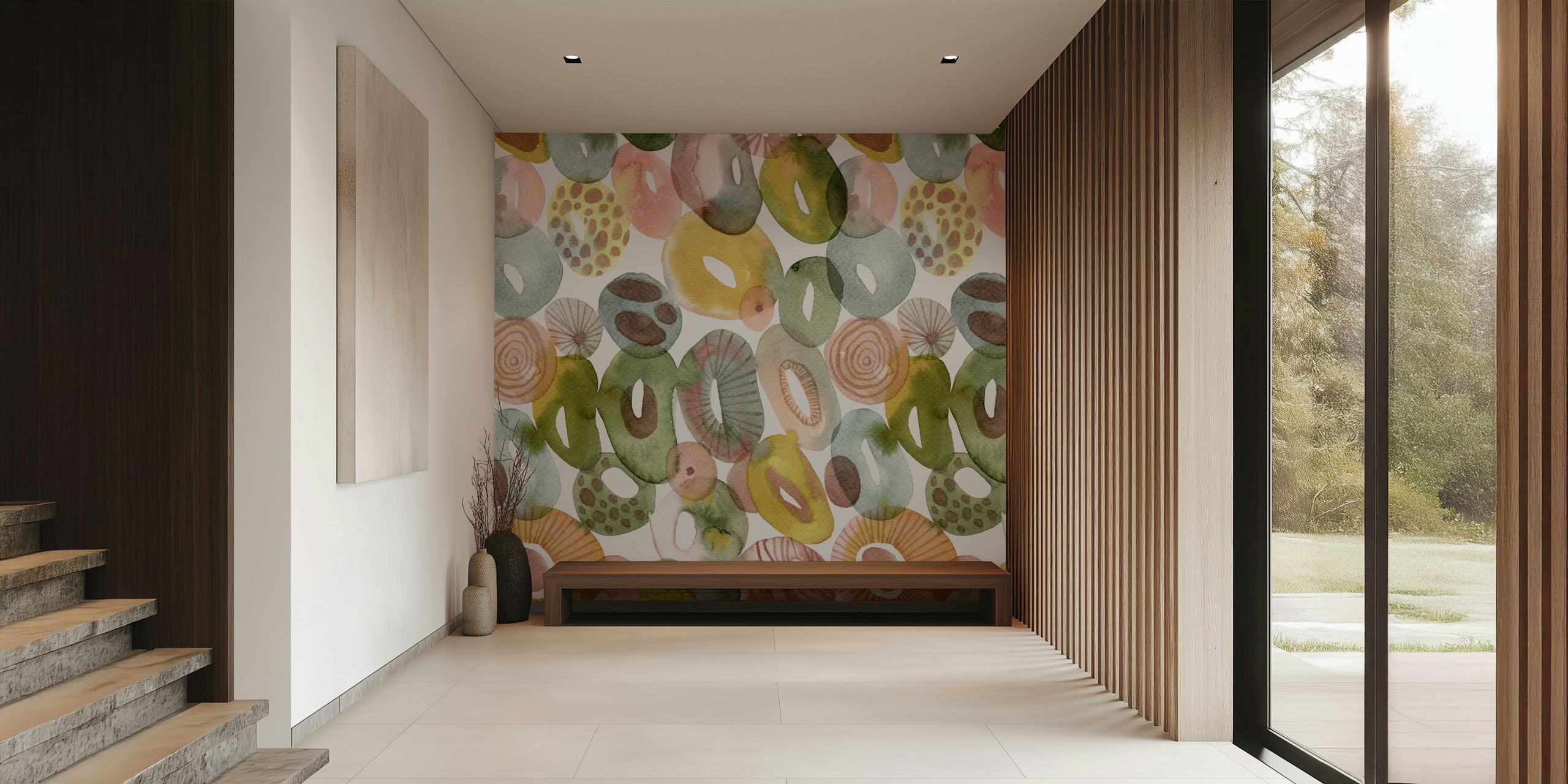 Colorful abstract shapes in green, red, pink, and yellow watercolor wallpaper