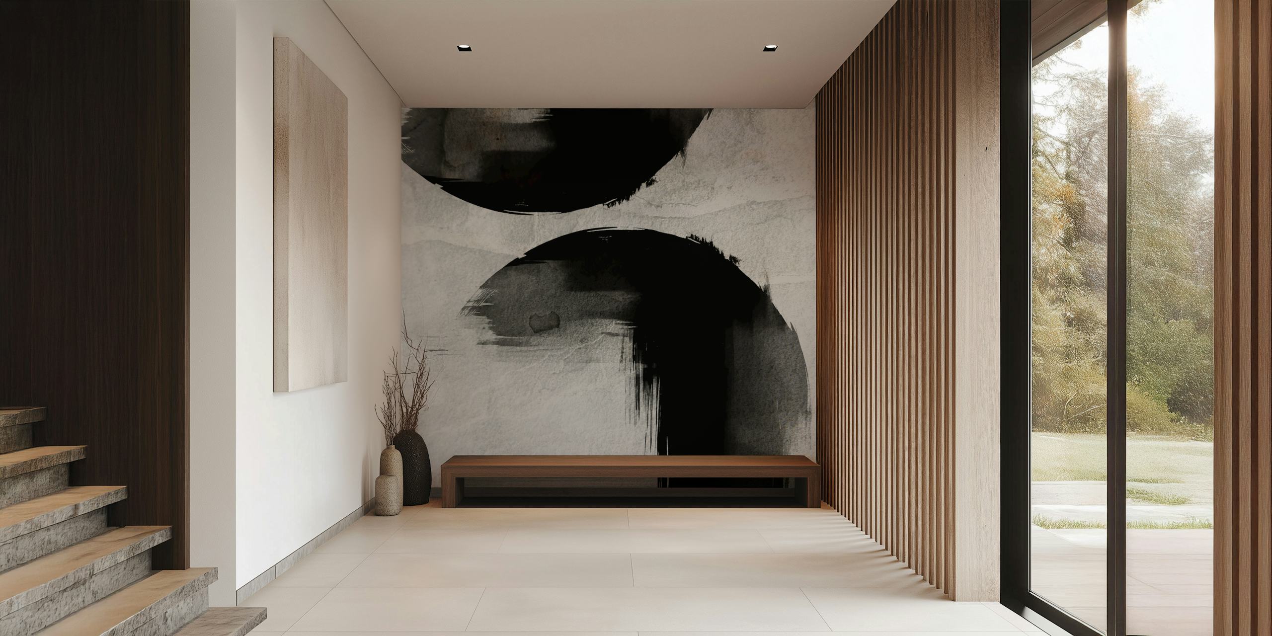 Black abstract brushstrokes on textured white background wallpaper