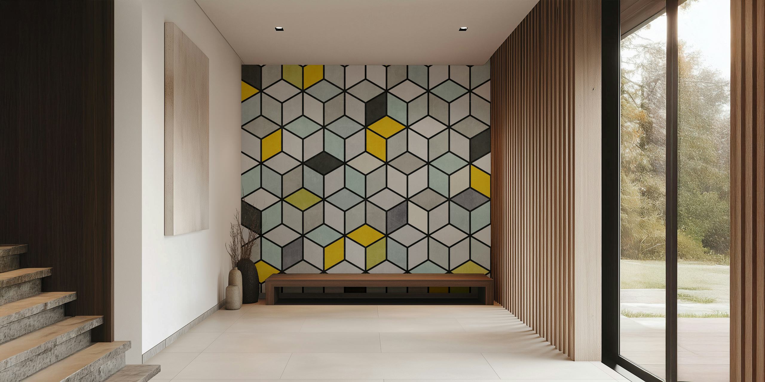 Kleurrijke Concrete Cubes fotobehang met een driedimensionaal kubuspatroon in grijze, gele en blauwgroene tinten
