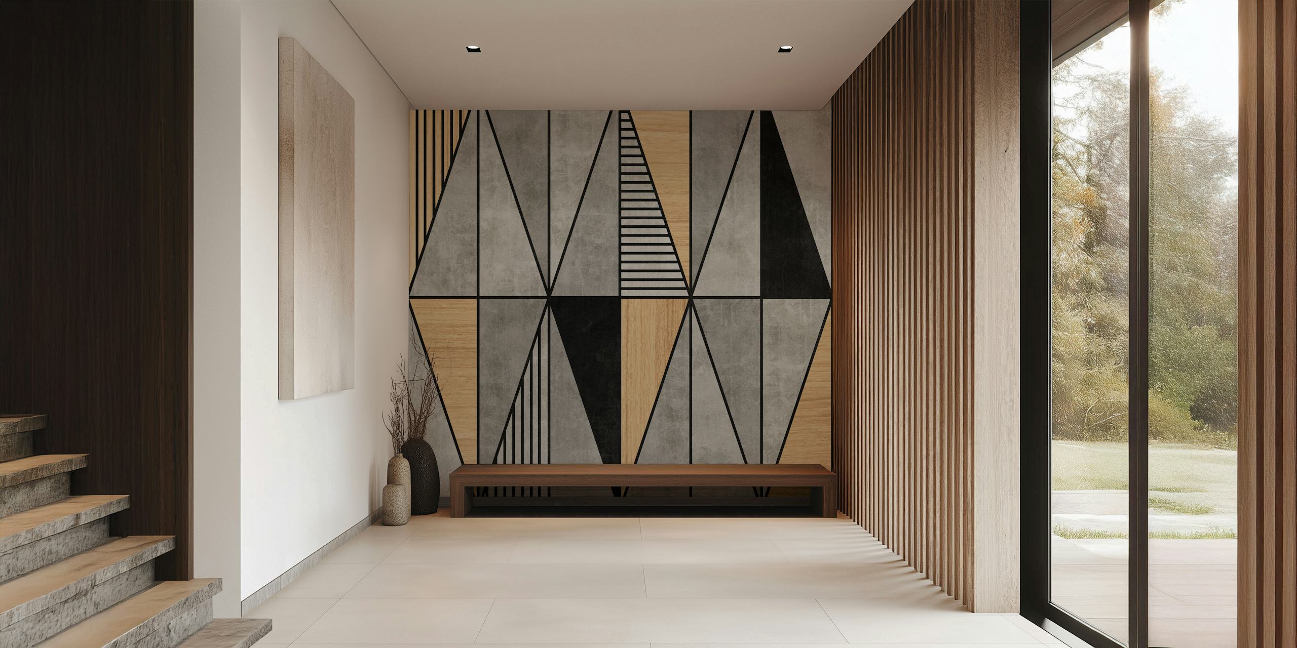 Geometric triangles in concrete and wood colors wallpaper