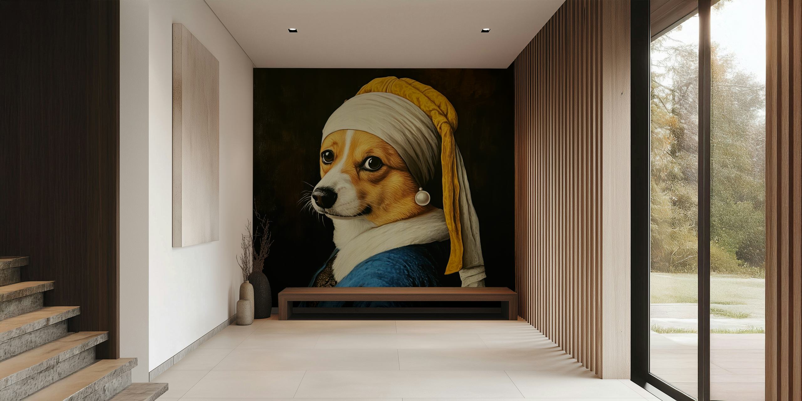 Corgi with pearl earring wallpaper in room