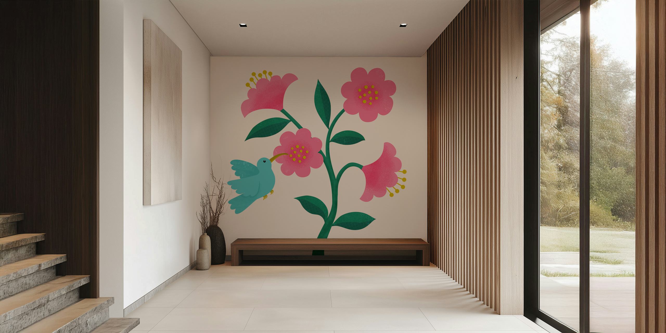 Hummingbirds and camellias wallpaper in a room