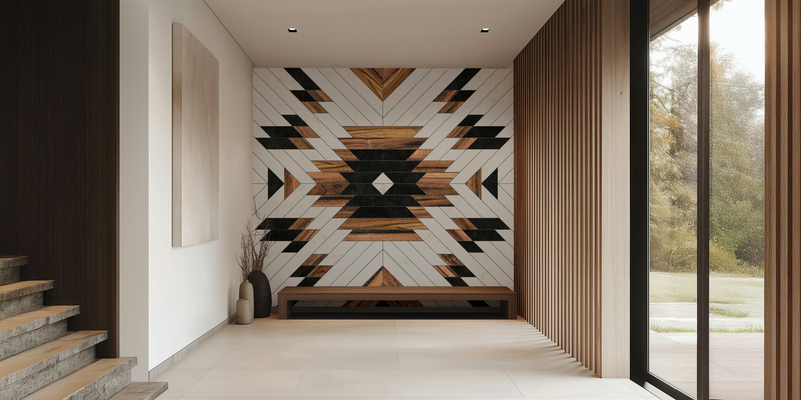 Fotomural vinílico de parede de padrão geométrico tribal urbano com texturas pretas, brancas e de madeira
